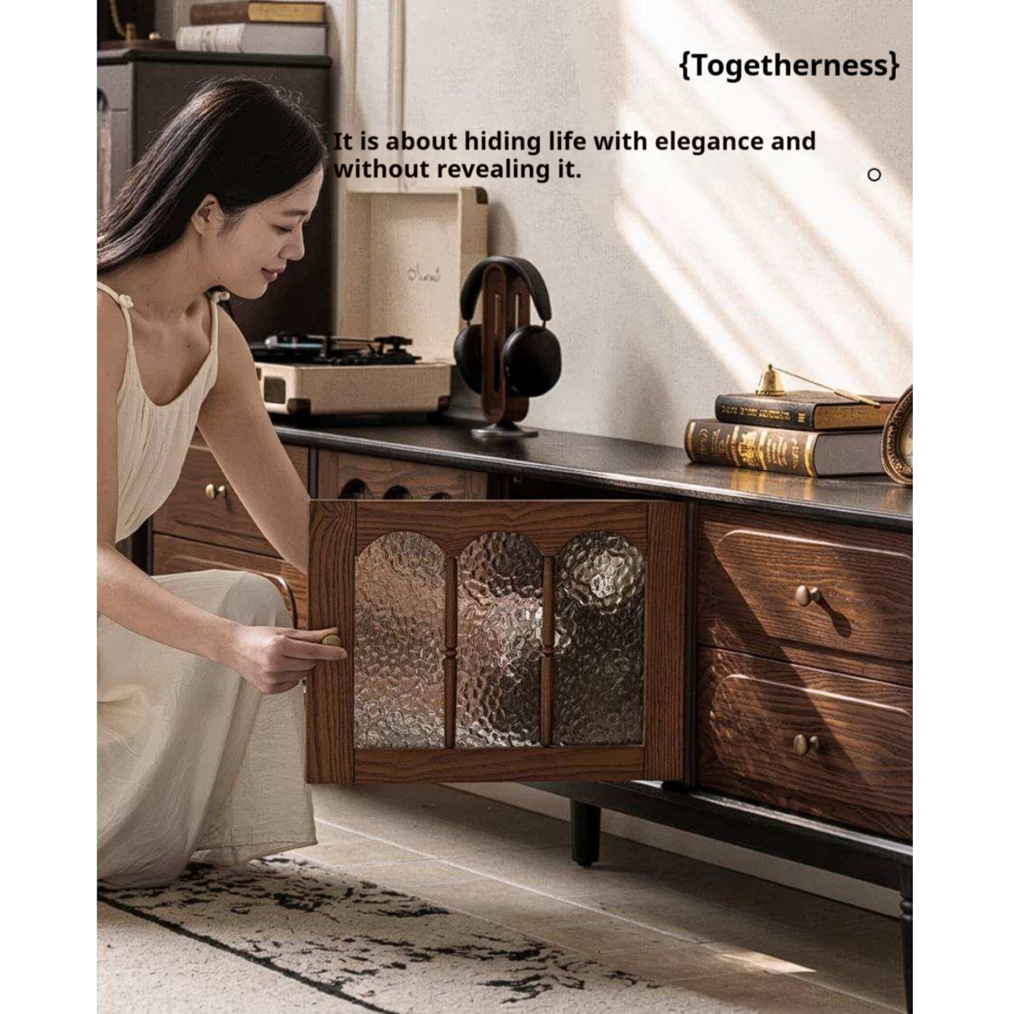 Ash Solid Wood TV Cabinet with Tall Storage and French Retro Design
