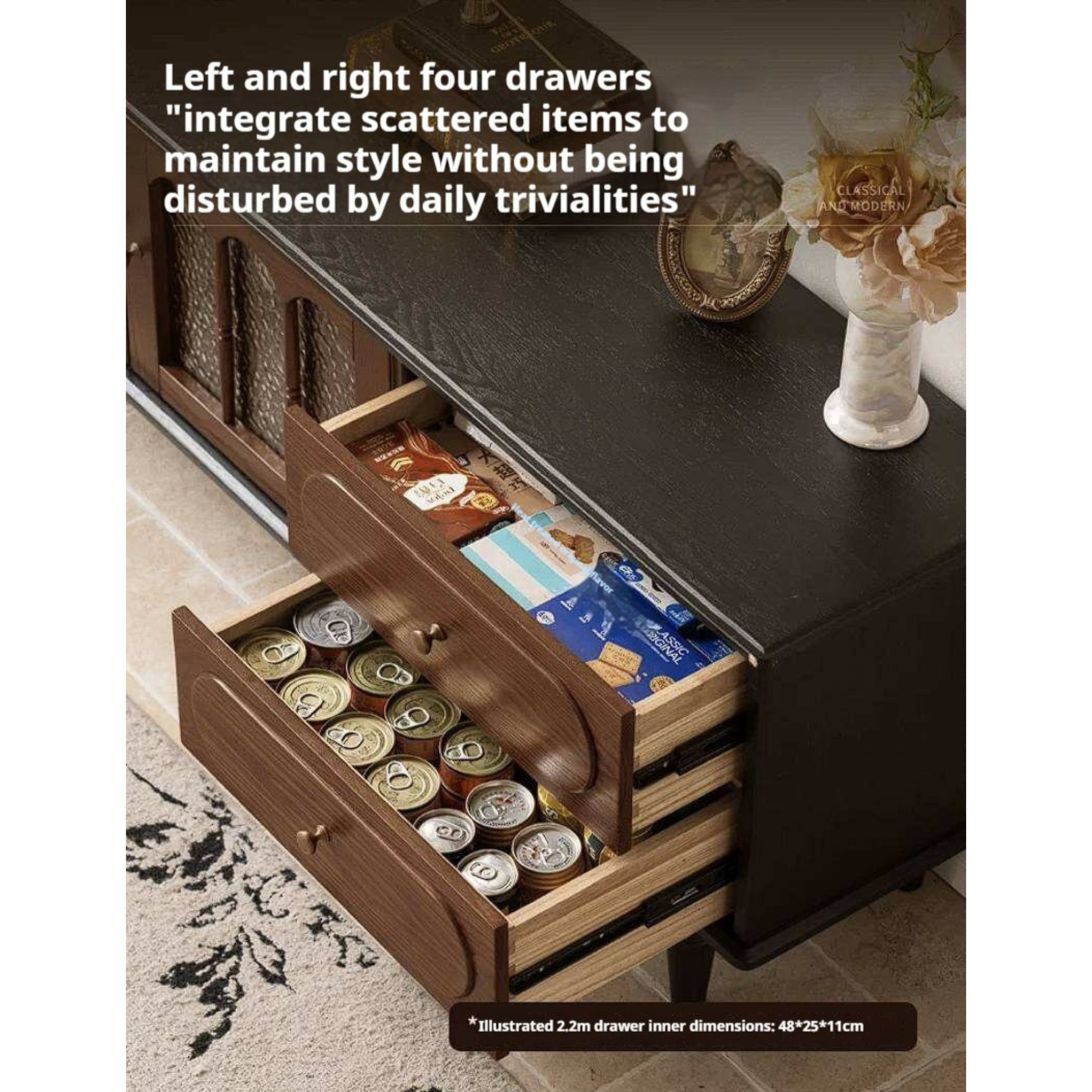 Ash Solid Wood TV Cabinet with Tall Storage and French Retro Design