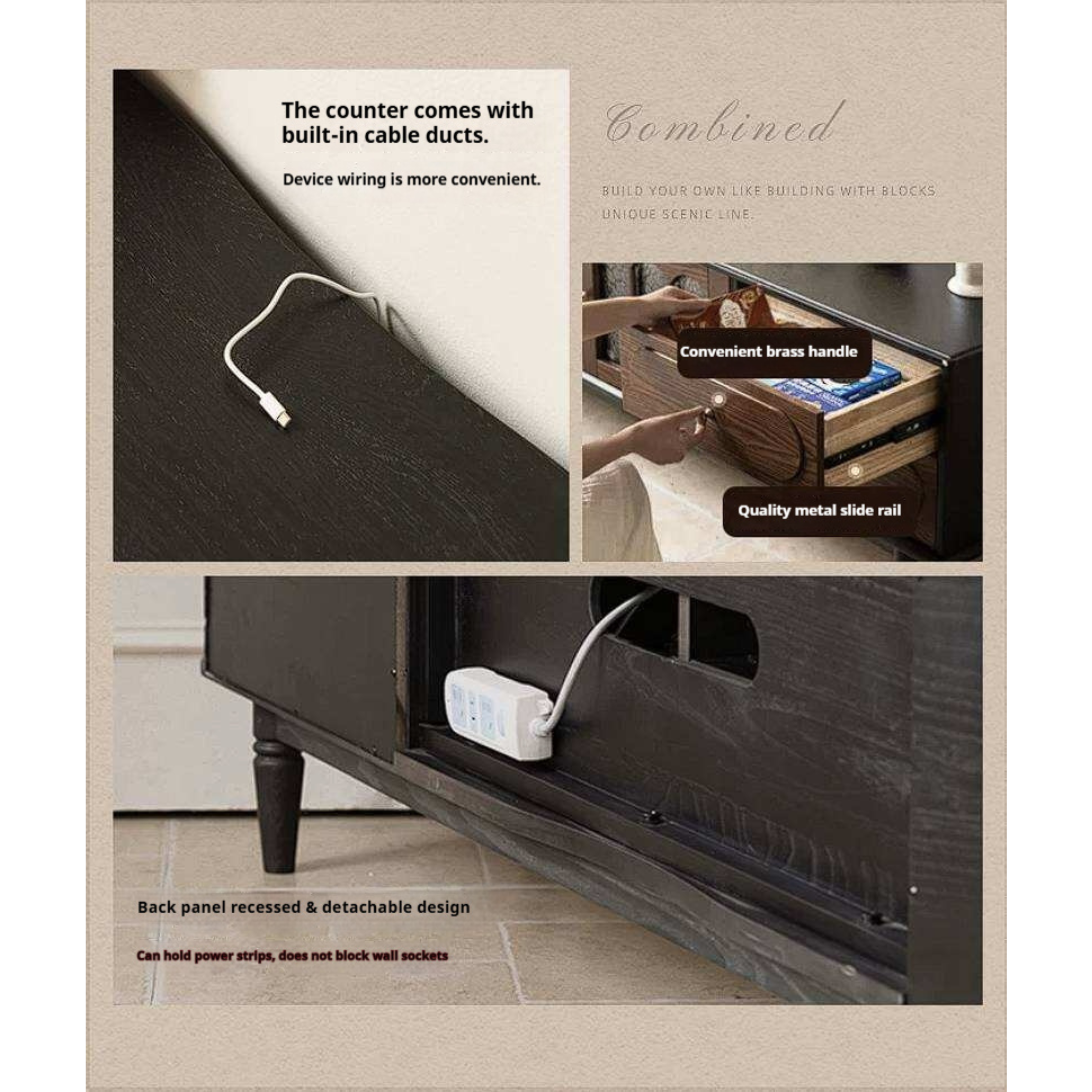 Ash Solid Wood TV Cabinet with Tall Storage and French Retro Design