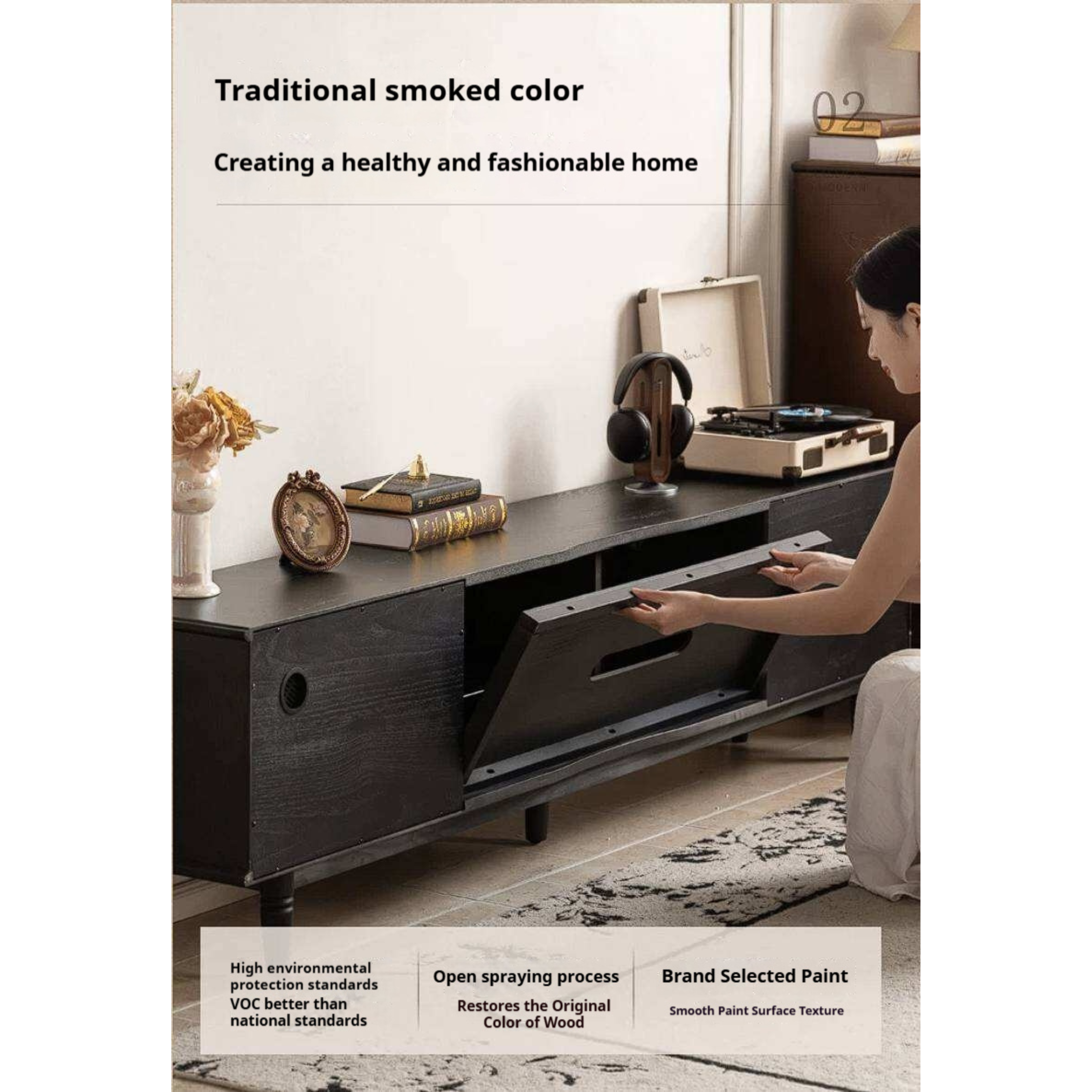 Ash Solid Wood TV Cabinet with Tall Storage and French Retro Design