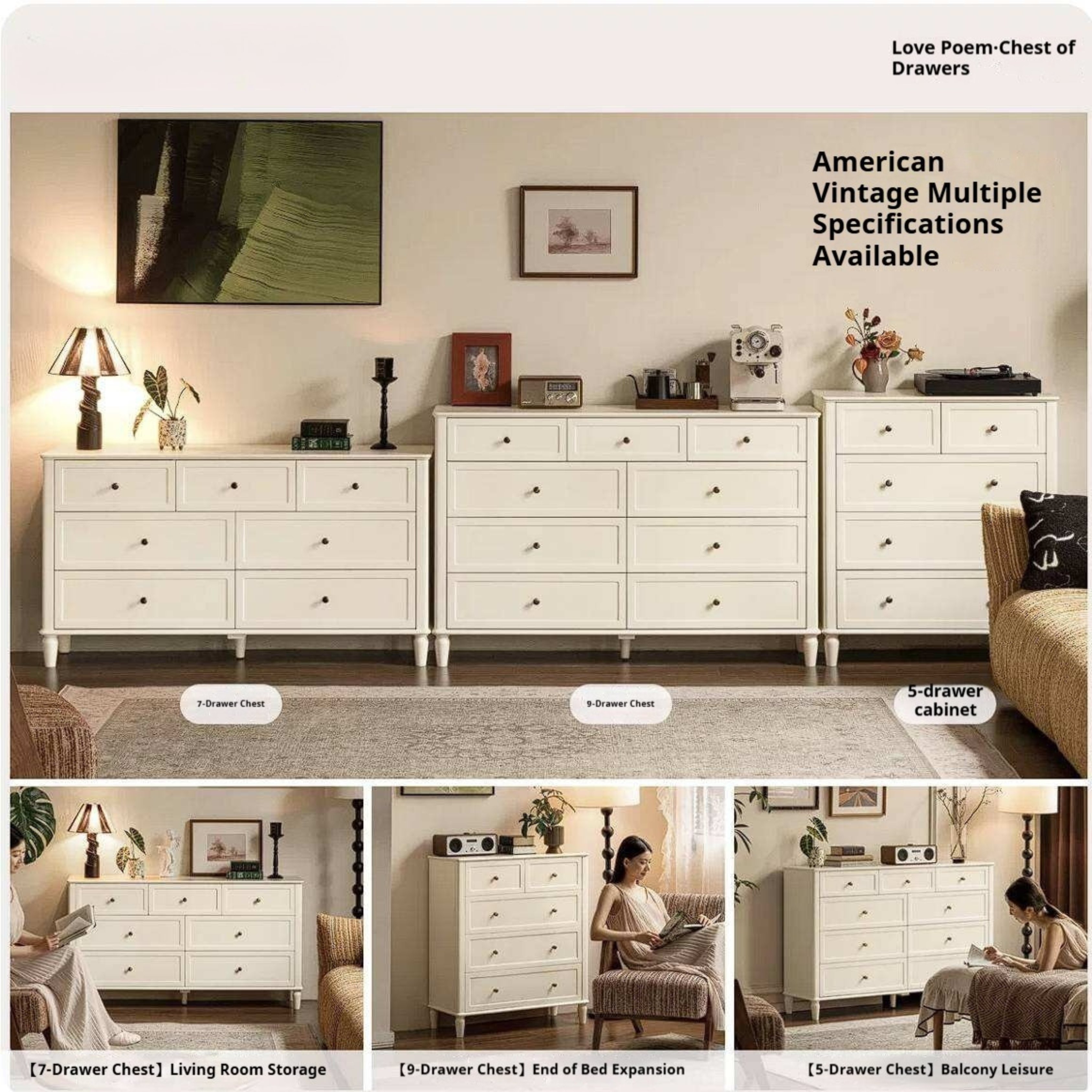Rubberwood Solid Wood Bedroom Dresser with Elegant White Finish