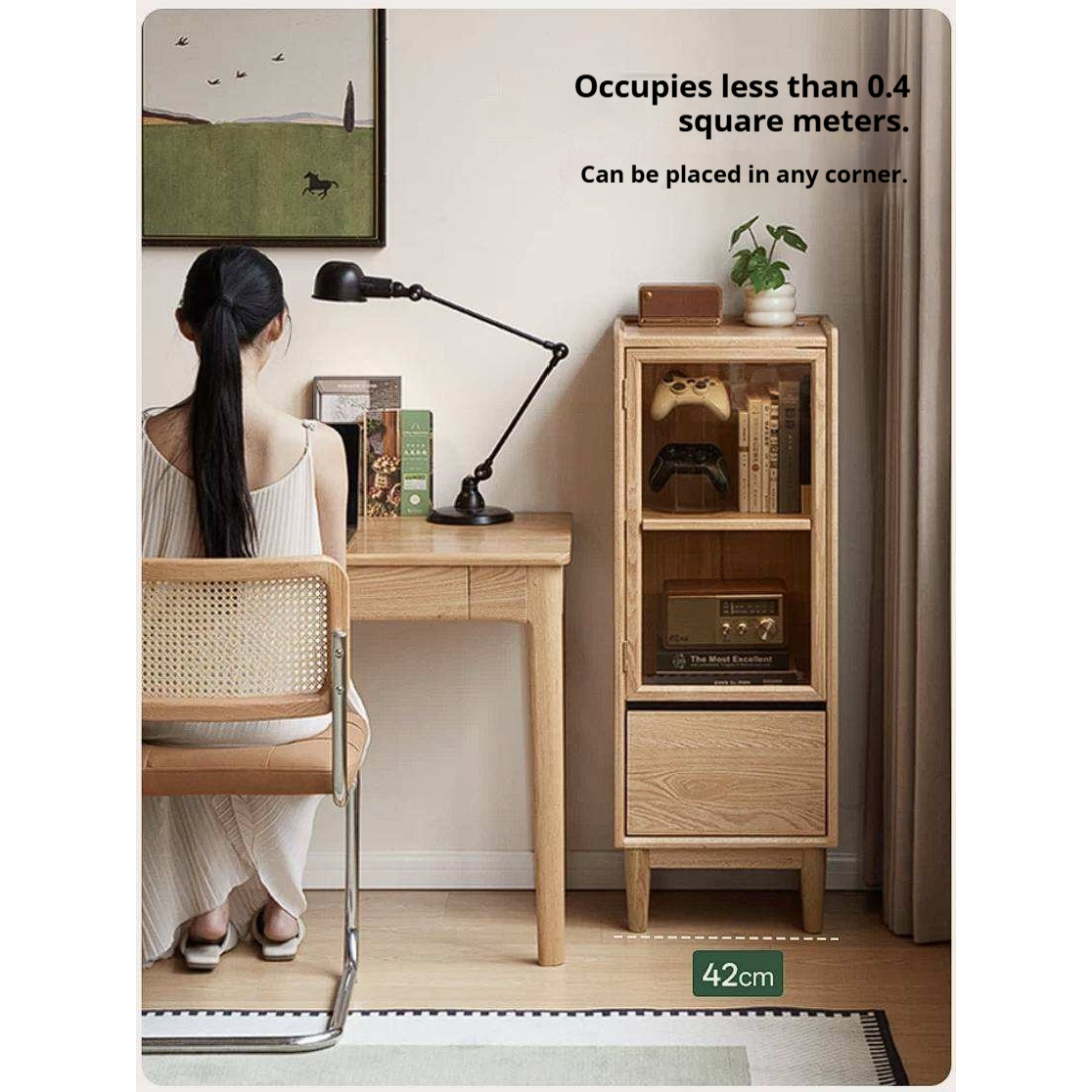Oak Solid Wood Glass Door Display Cabinet with Drawer