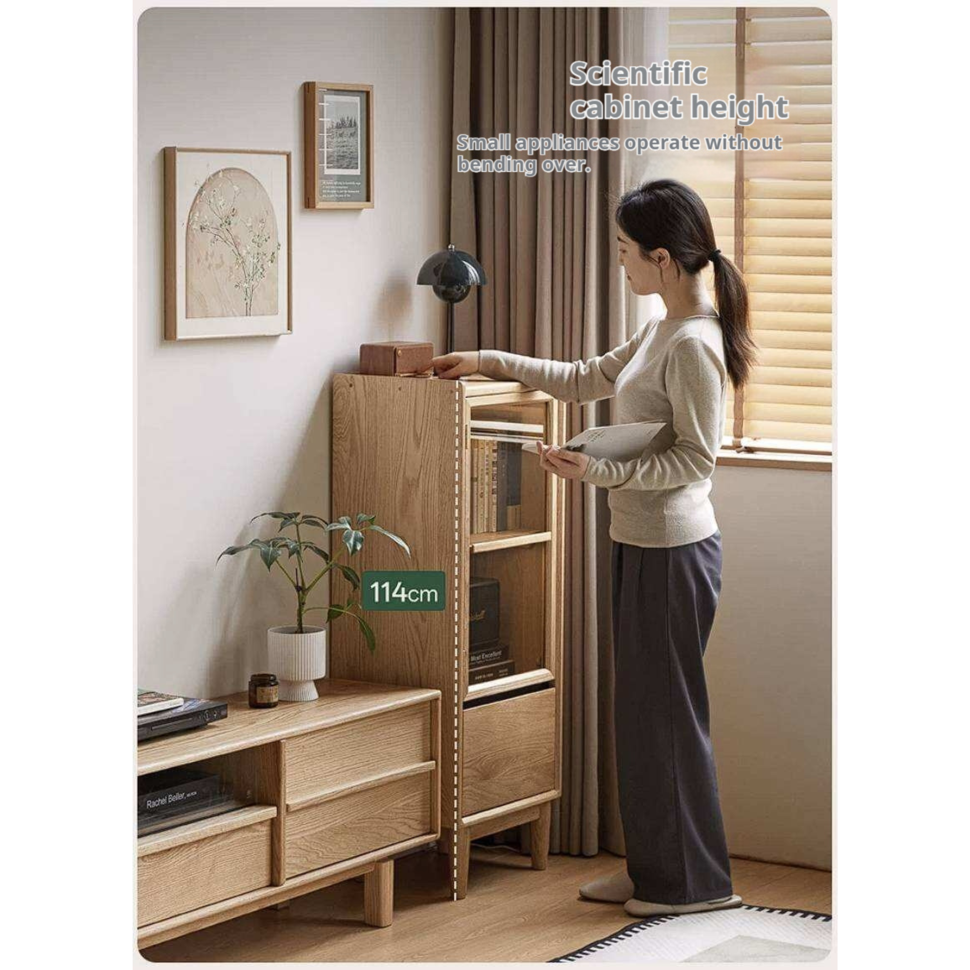 Oak Solid Wood Glass Door Display Cabinet with Drawer