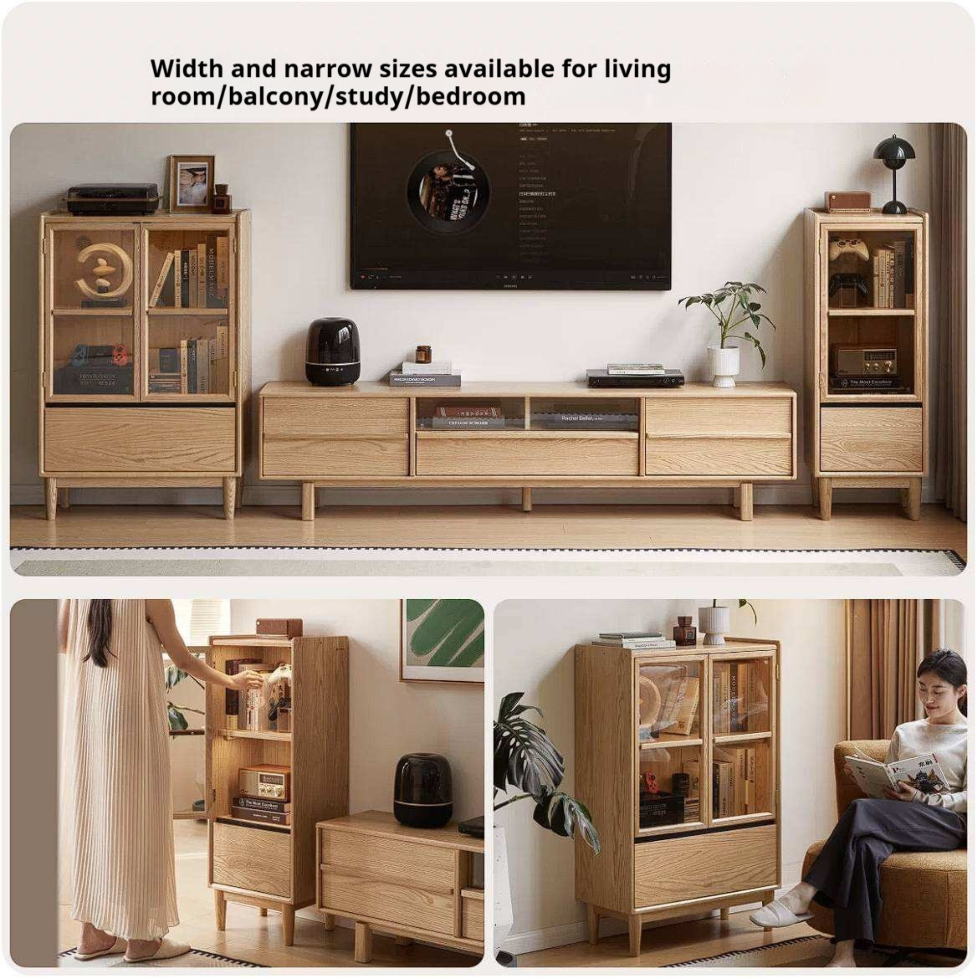 Oak Solid Wood Glass Door Display Cabinet with Drawer