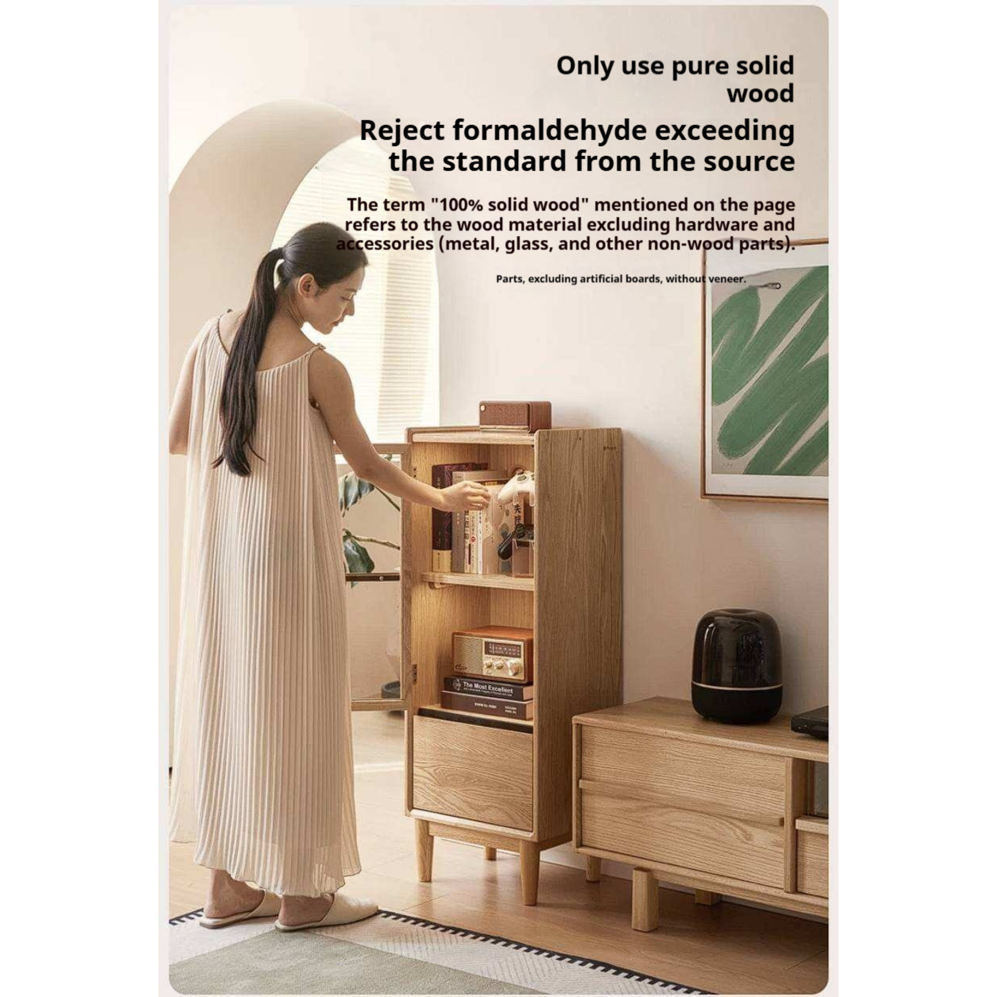 Oak Solid Wood Glass Door Display Cabinet with Drawer