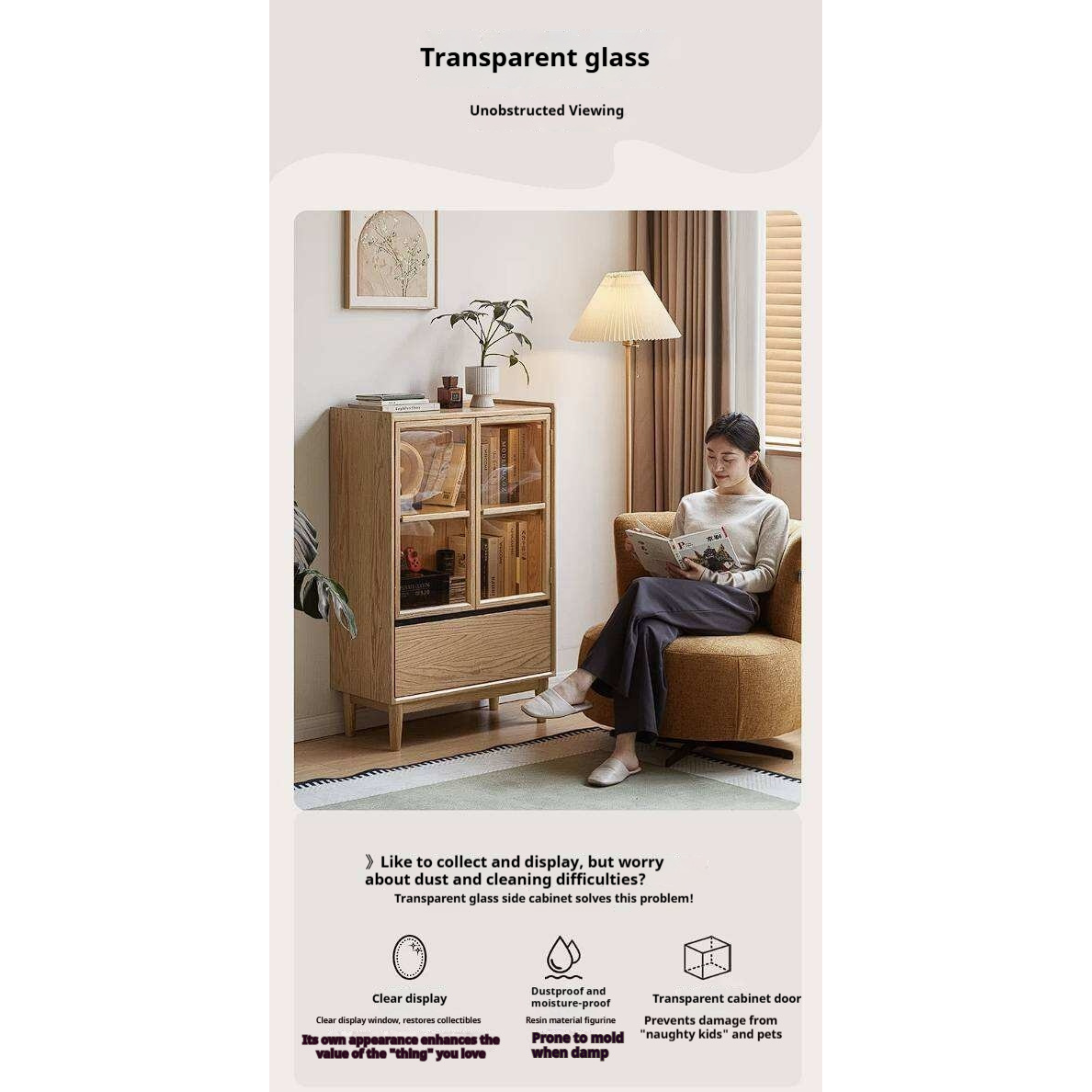 Oak Solid Wood Glass Door Display Cabinet with Drawer