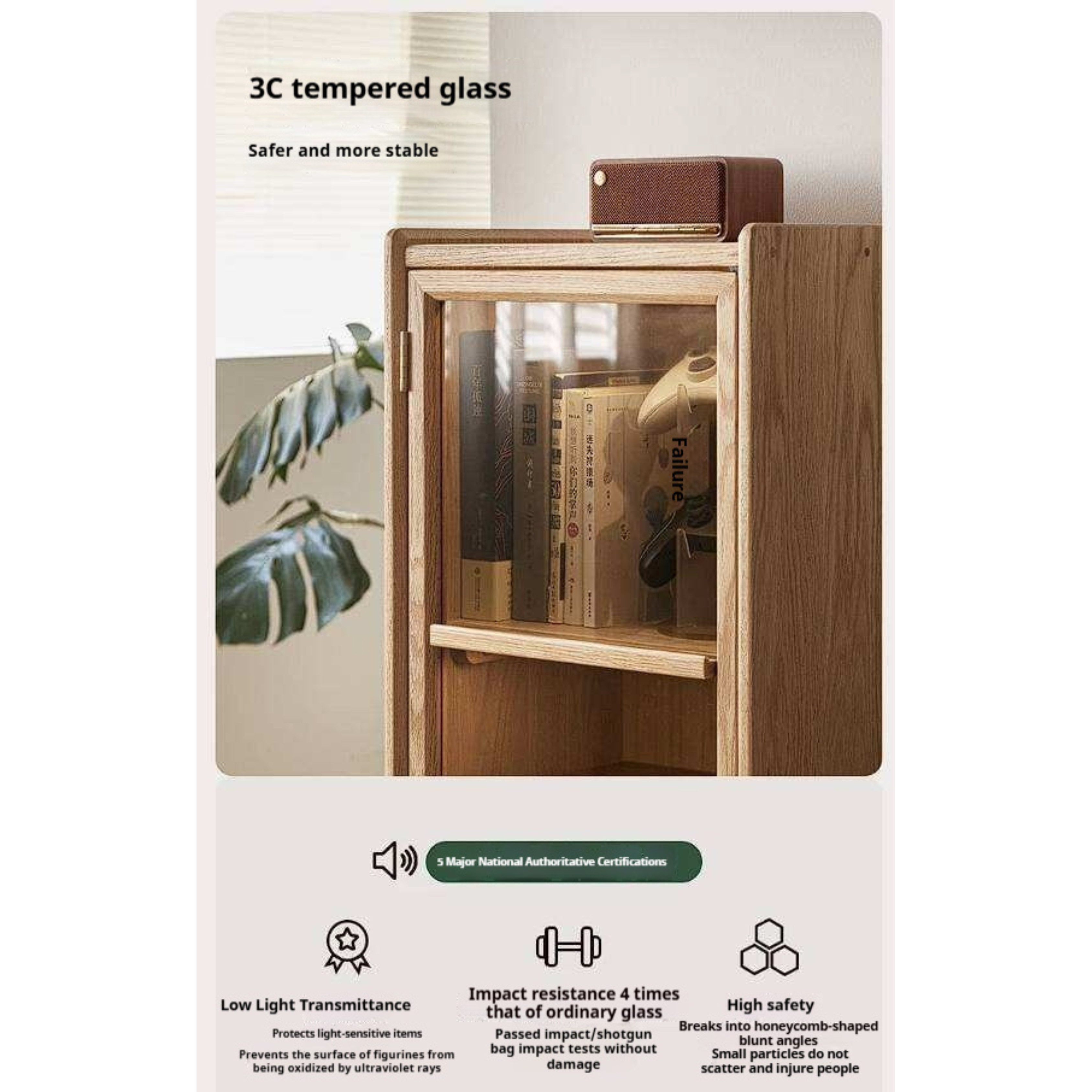 Oak Solid Wood Glass Door Display Cabinet with Drawer