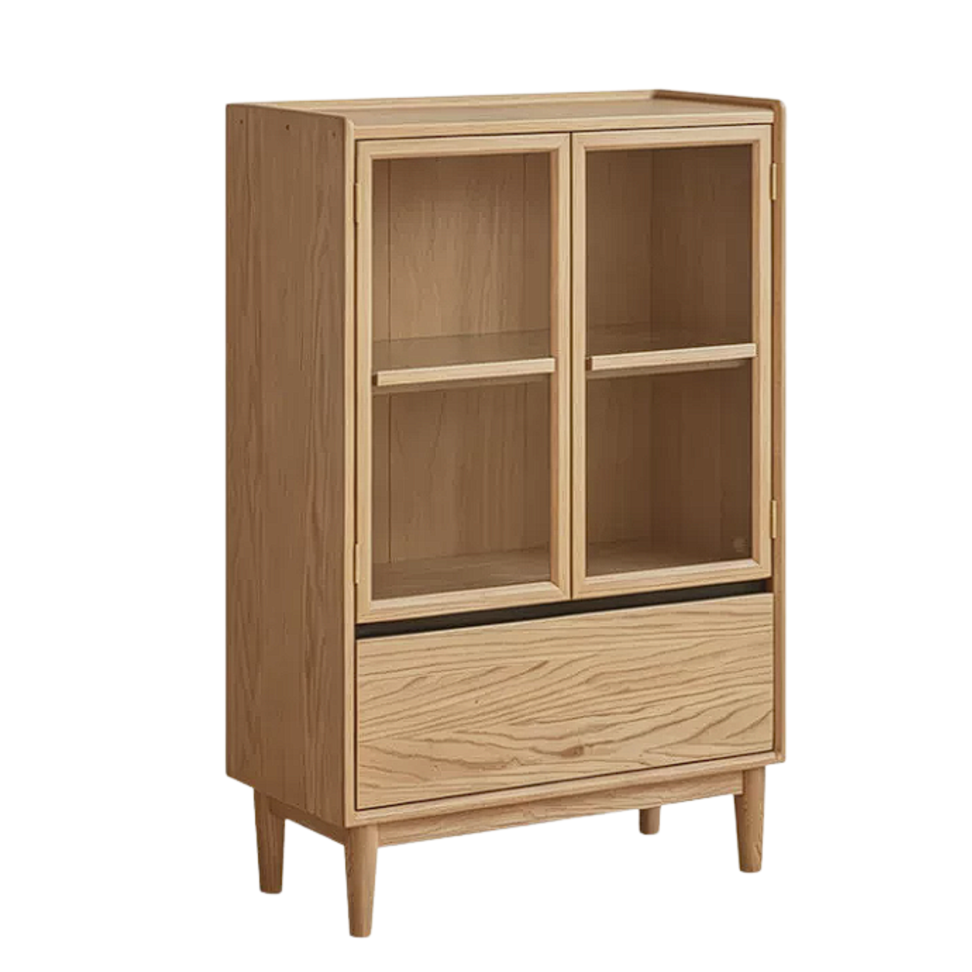 Oak Solid Wood Glass Door Display Cabinet with Drawer