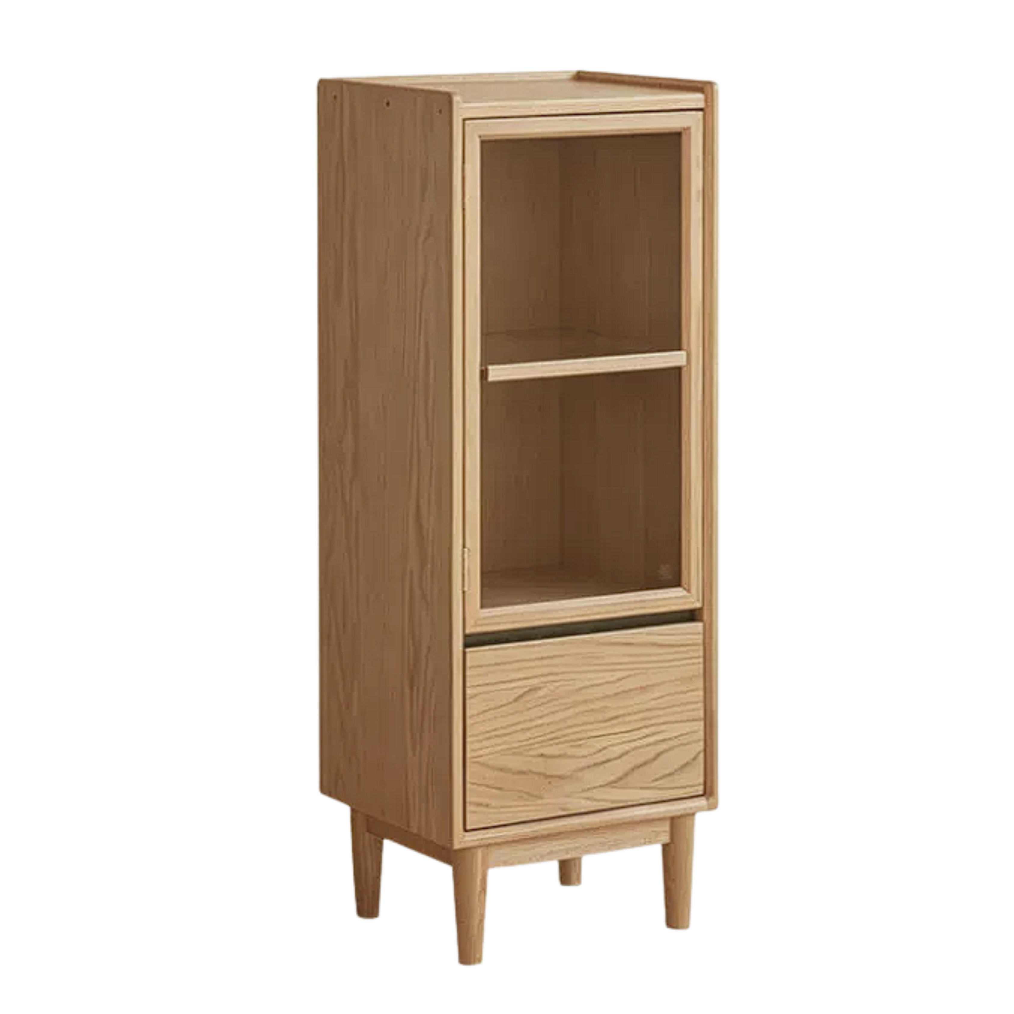 Oak Solid Wood Glass Door Display Cabinet with Drawer