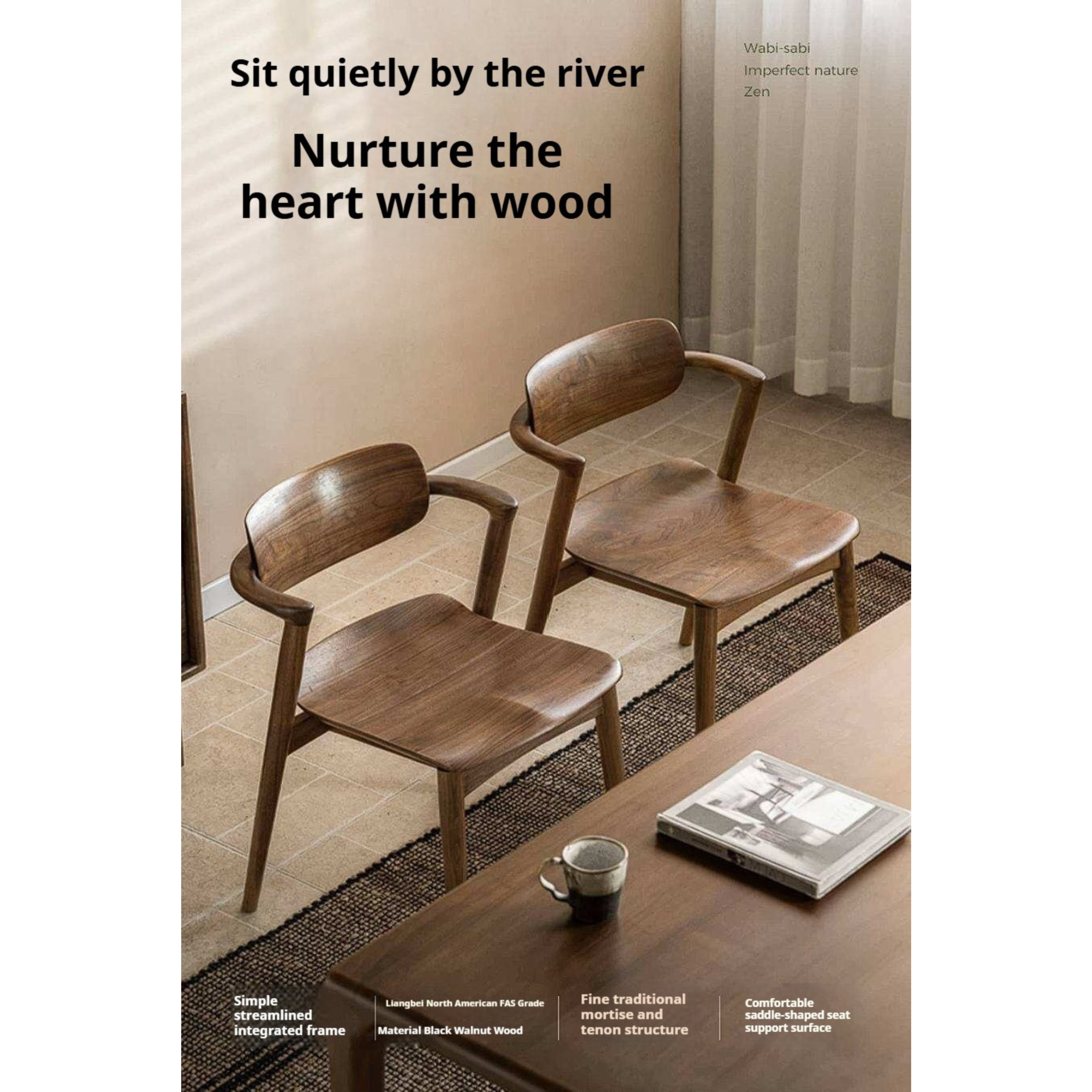 Black Walnut Solid Wood Bentwood Dining Chair with Curved Back and Saddle Seat