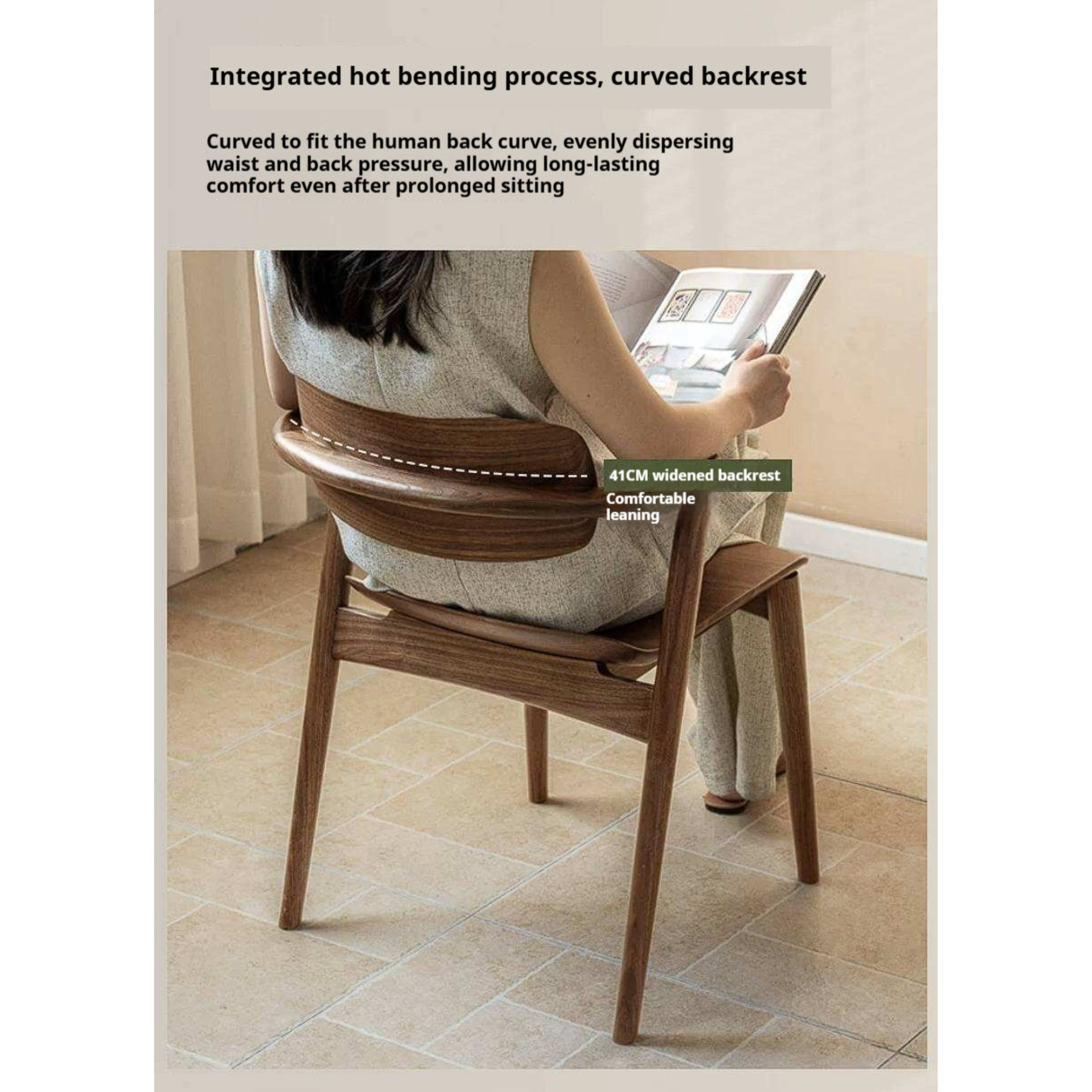 Black Walnut Solid Wood Bentwood Dining Chair with Curved Back and Saddle Seat