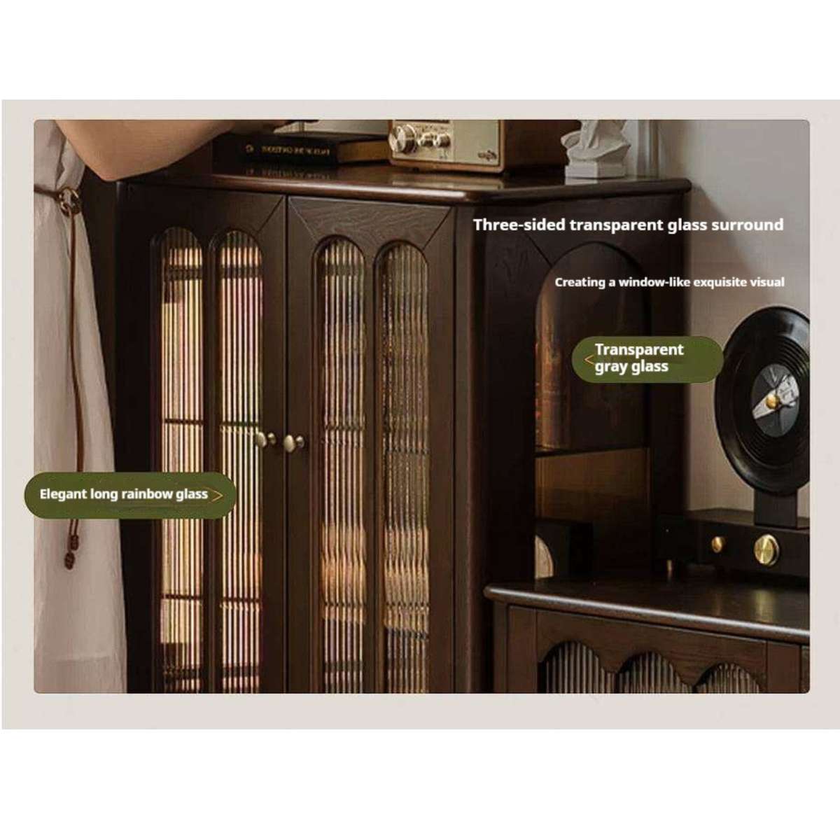 Ash Solid Wood Vintage Arched-Top Curio Cabinet with Three-Sided Glass and LED Lighting