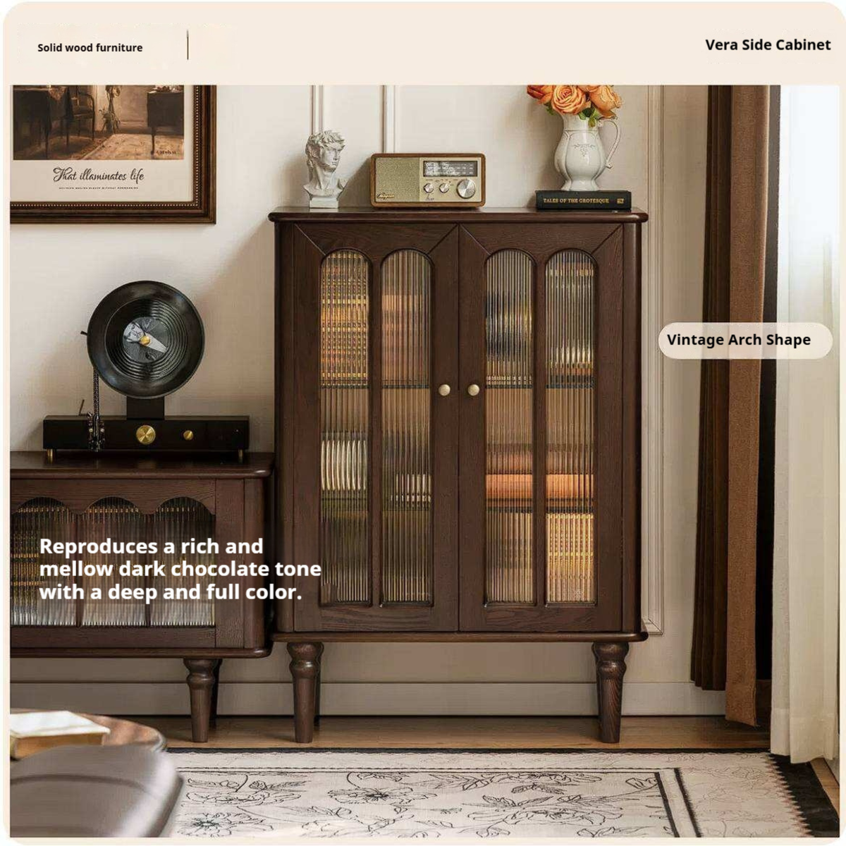 Ash Solid Wood Vintage Arched-Top Curio Cabinet with Three-Sided Glass and LED Lighting