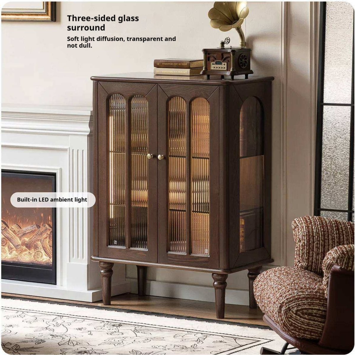Ash Solid Wood Vintage Arched-Top Curio Cabinet with Three-Sided Glass and LED Lighting
