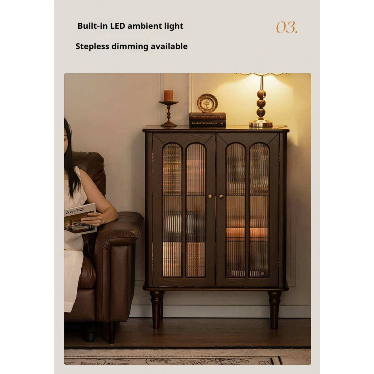 Ash Solid Wood Vintage Arched-Top Curio Cabinet with Three-Sided Glass and LED Lighting