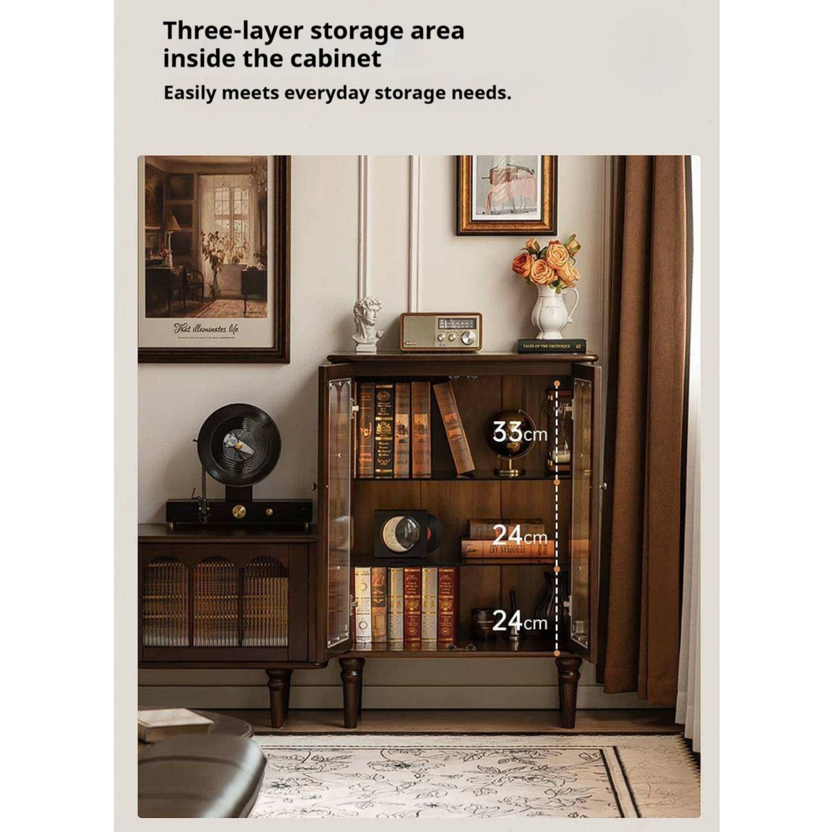Ash Solid Wood Vintage Arched-Top Curio Cabinet with Three-Sided Glass and LED Lighting