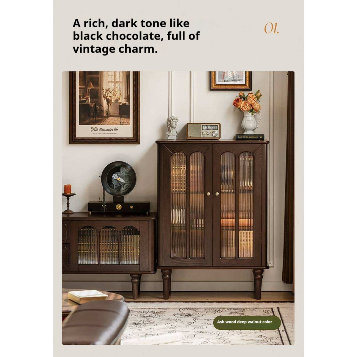 Ash Solid Wood Vintage Arched-Top Curio Cabinet with Three-Sided Glass and LED Lighting