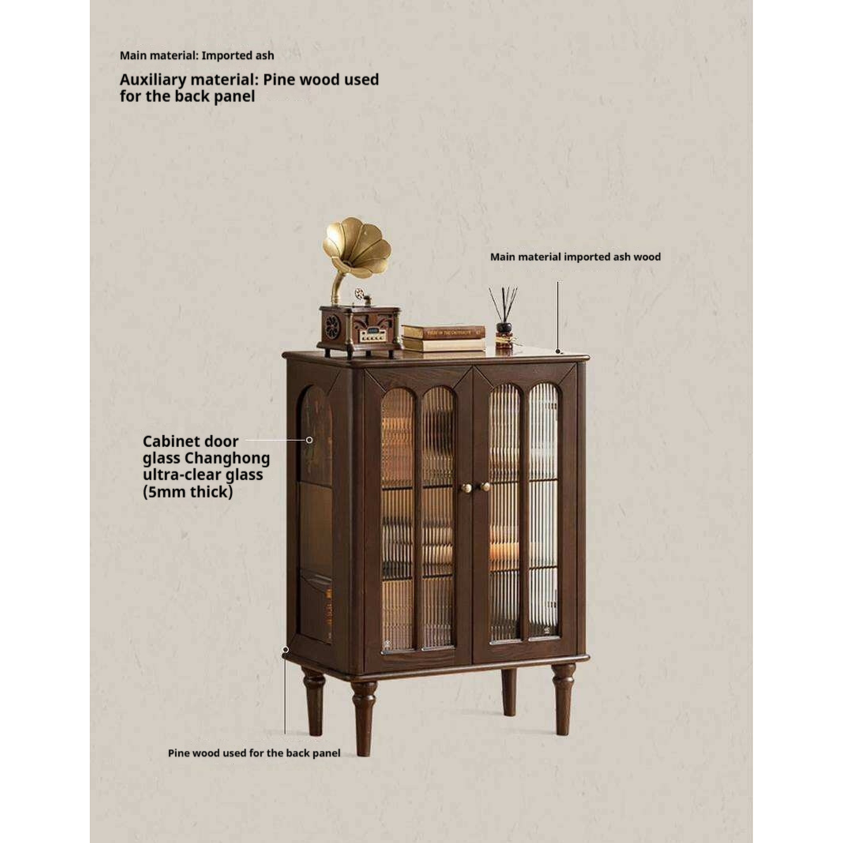 Ash Solid Wood Vintage Arched-Top Curio Cabinet with Three-Sided Glass and LED Lighting