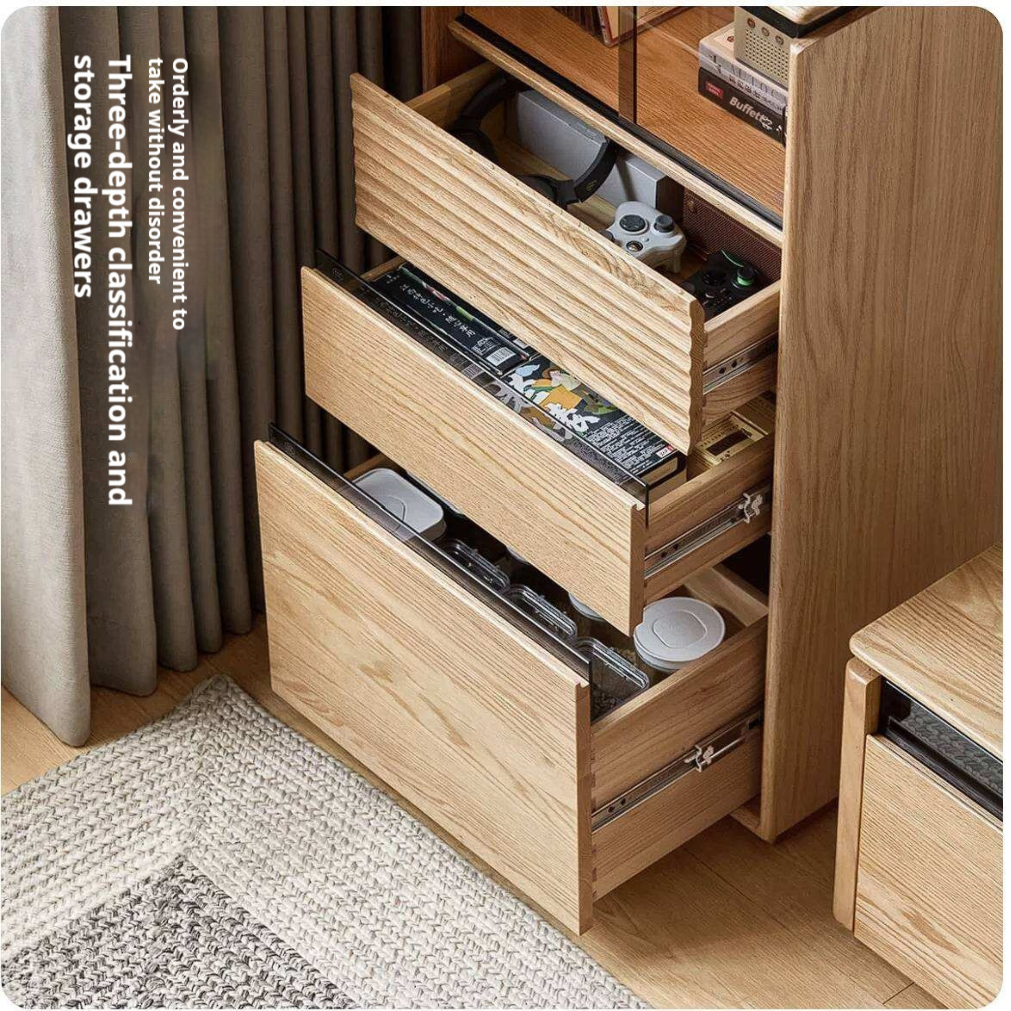 Oak Solid Wood Tall Side Cabinet with Louvered Sliding Door and LED Lighting