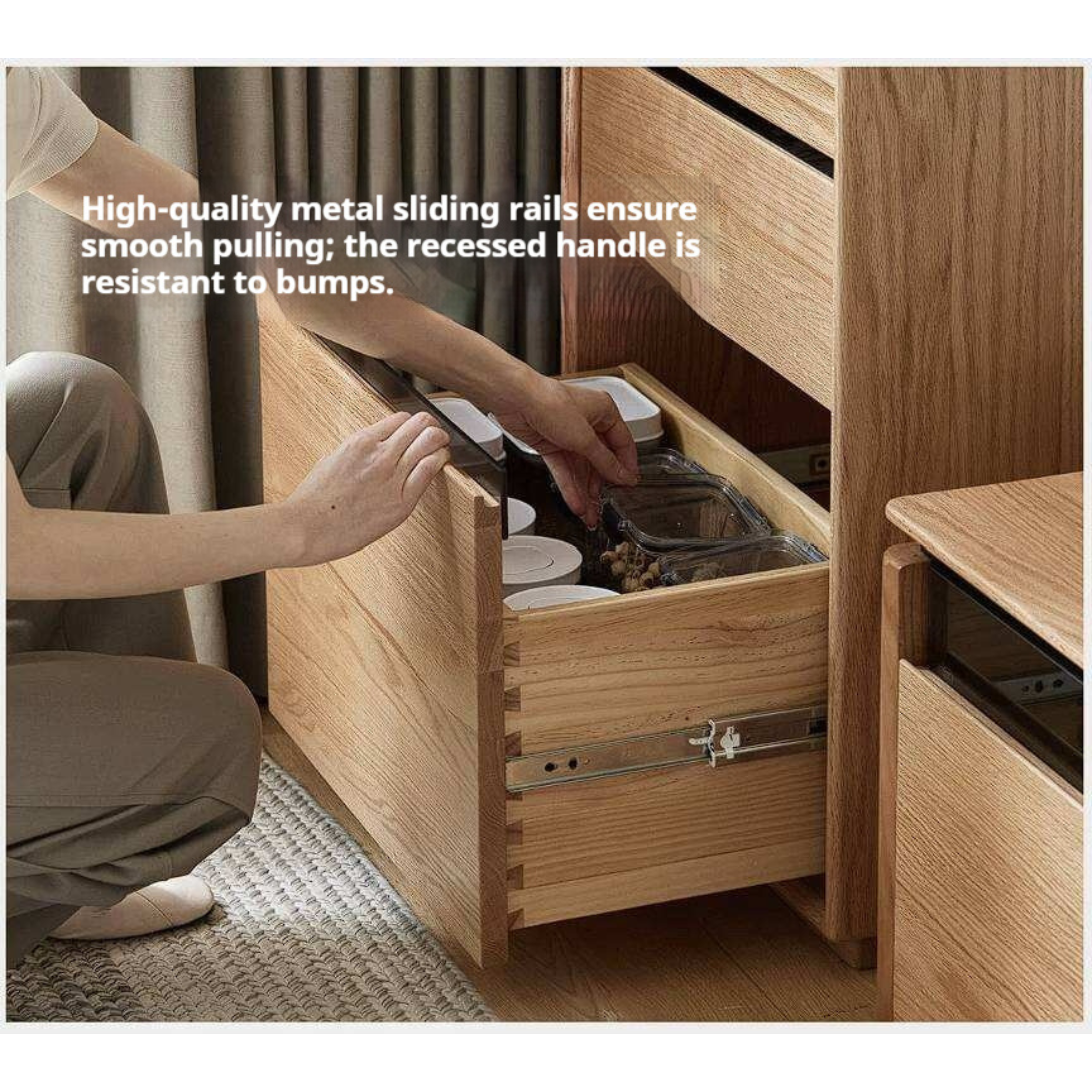 Oak Solid Wood Tall Side Cabinet with Louvered Sliding Door and LED Lighting