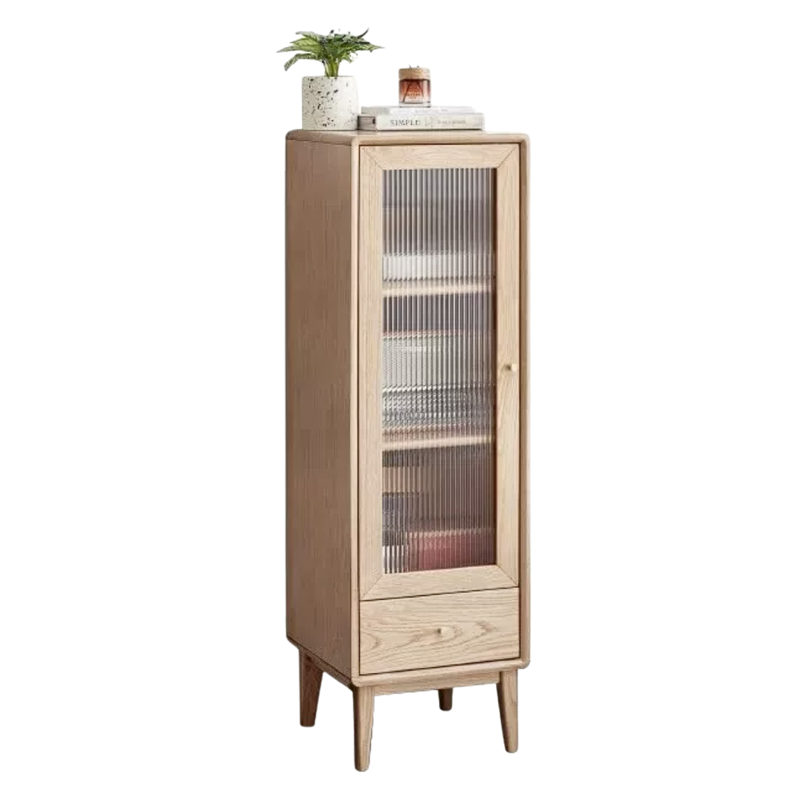 Ash Solid Wood Narrow Accent Cabinet with Fluted Glass Door and Drawer