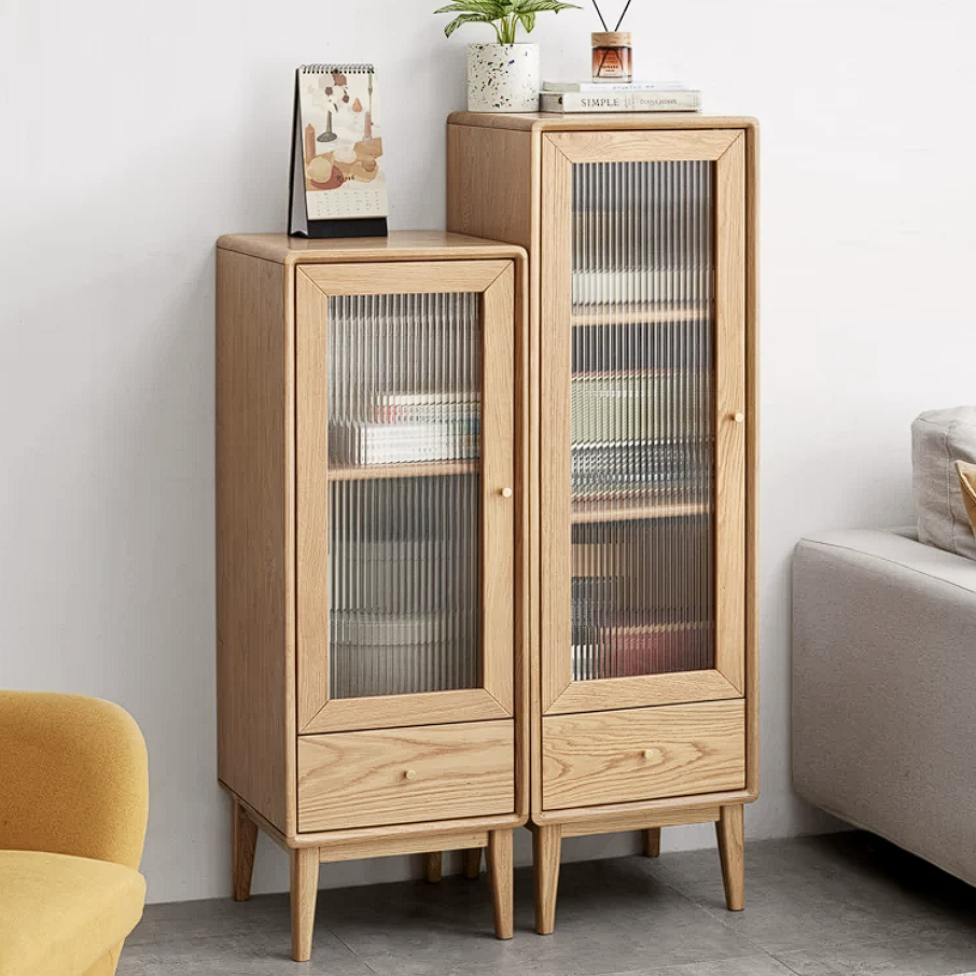 Ash Solid Wood Narrow Accent Cabinet with Fluted Glass Door and Drawer