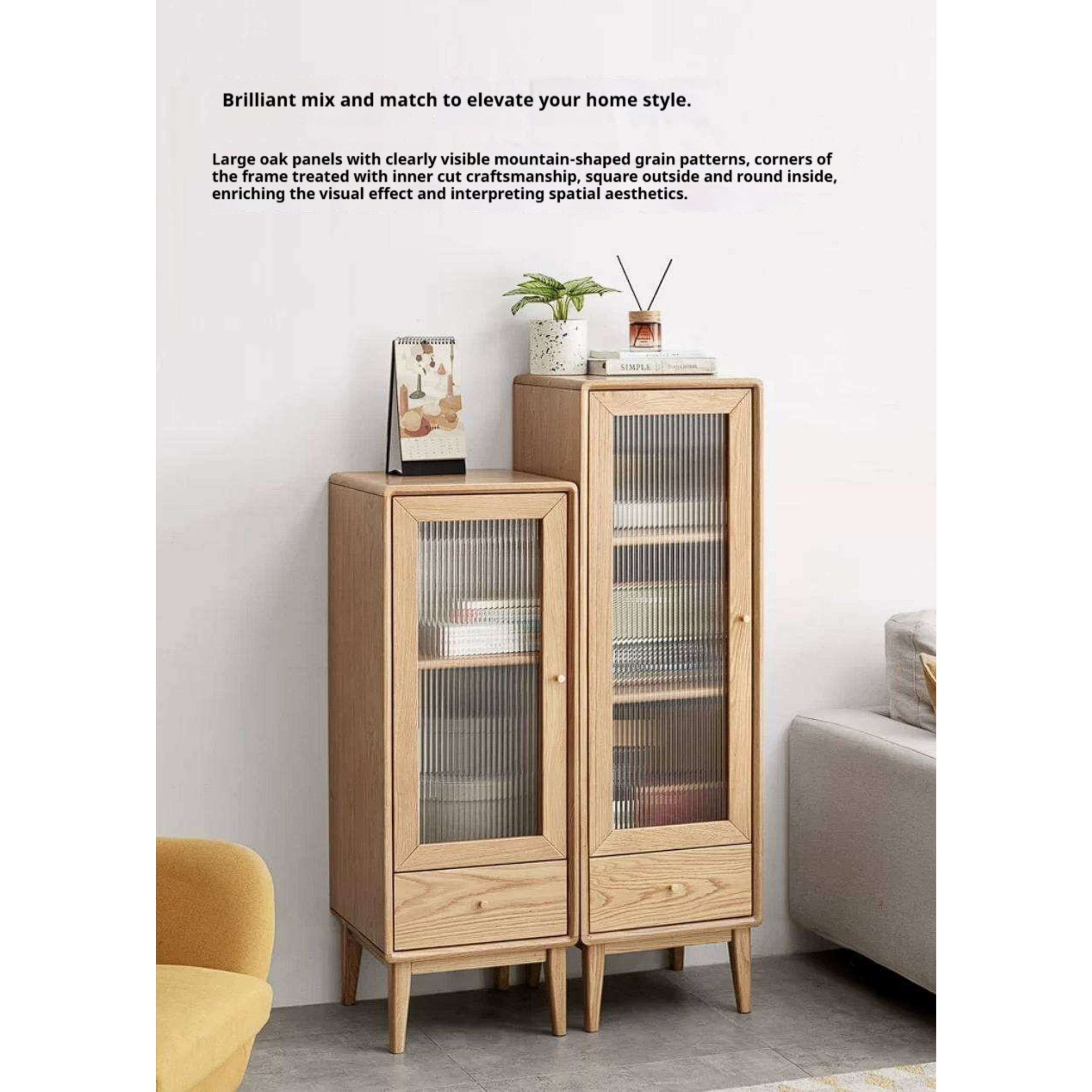 Ash Solid Wood Narrow Accent Cabinet with Fluted Glass Door and Drawer