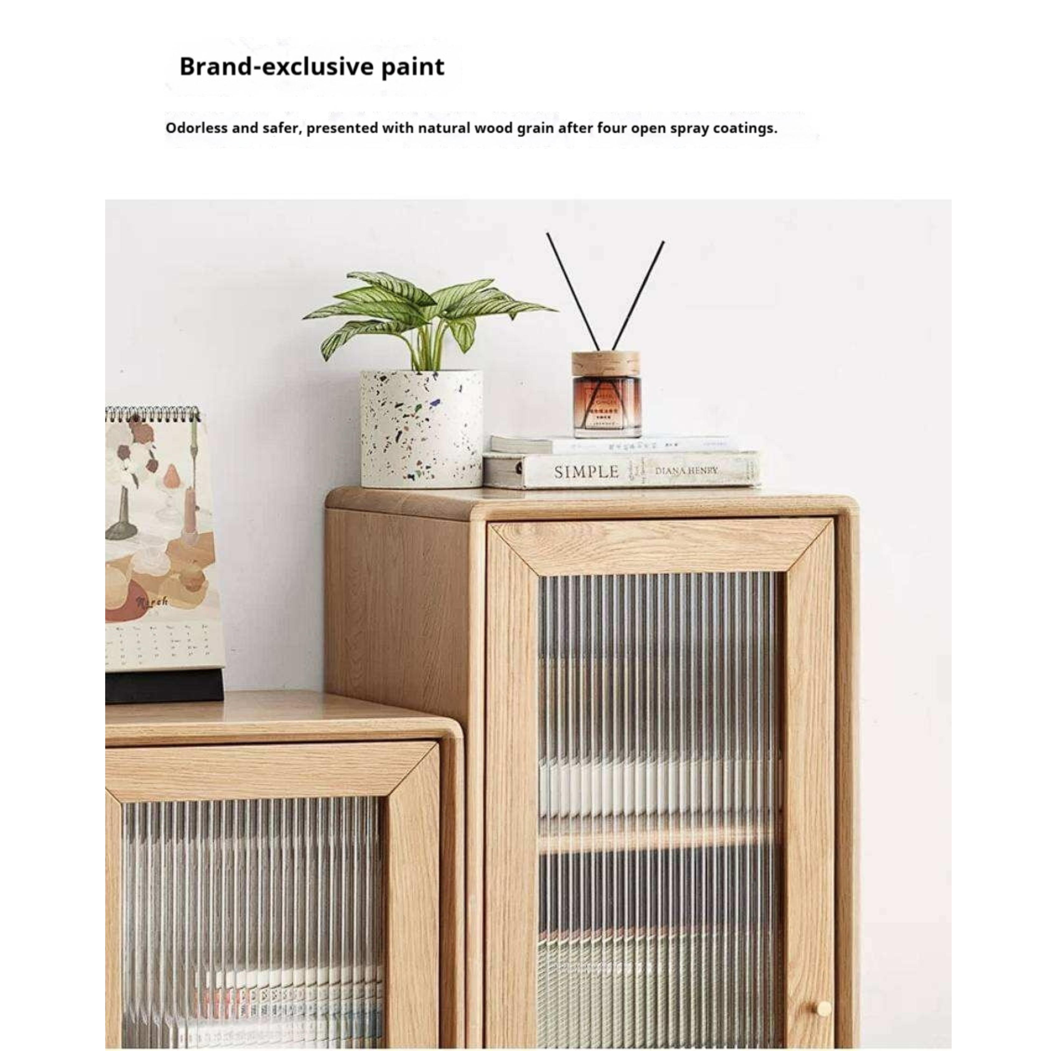Ash Solid Wood Narrow Accent Cabinet with Fluted Glass Door and Drawer
