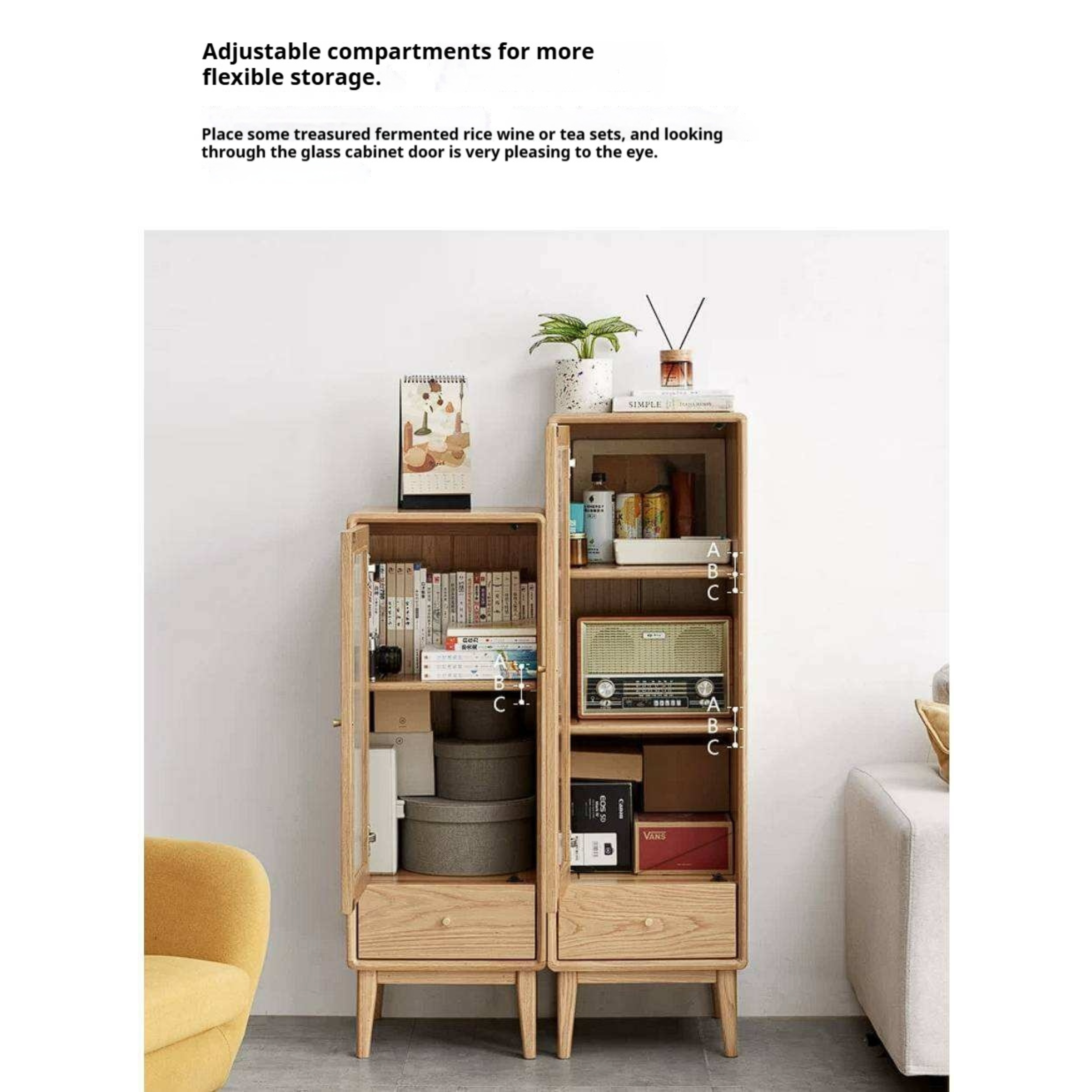 Ash Solid Wood Narrow Accent Cabinet with Fluted Glass Door and Drawer