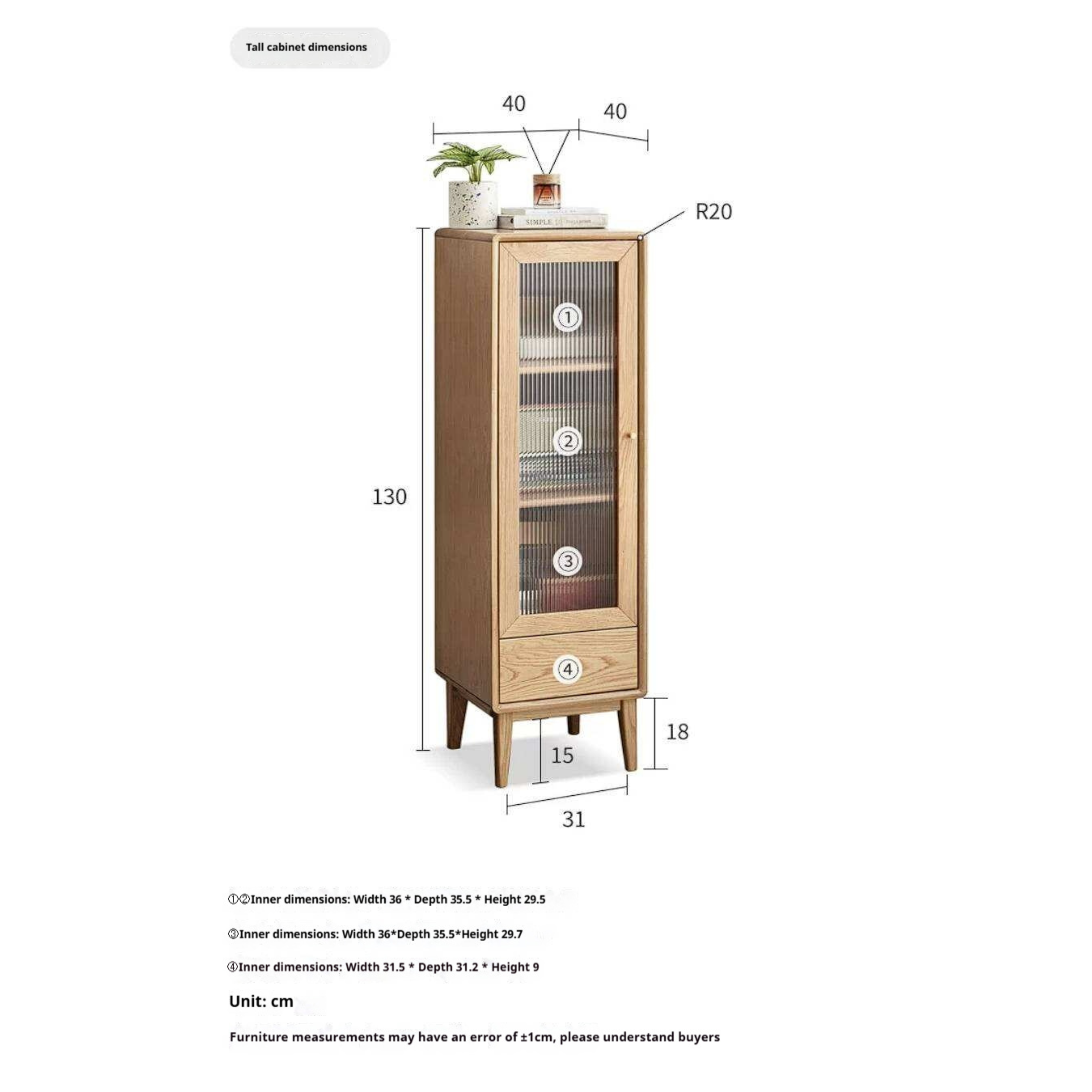 Ash Solid Wood Narrow Accent Cabinet with Fluted Glass Door and Drawer