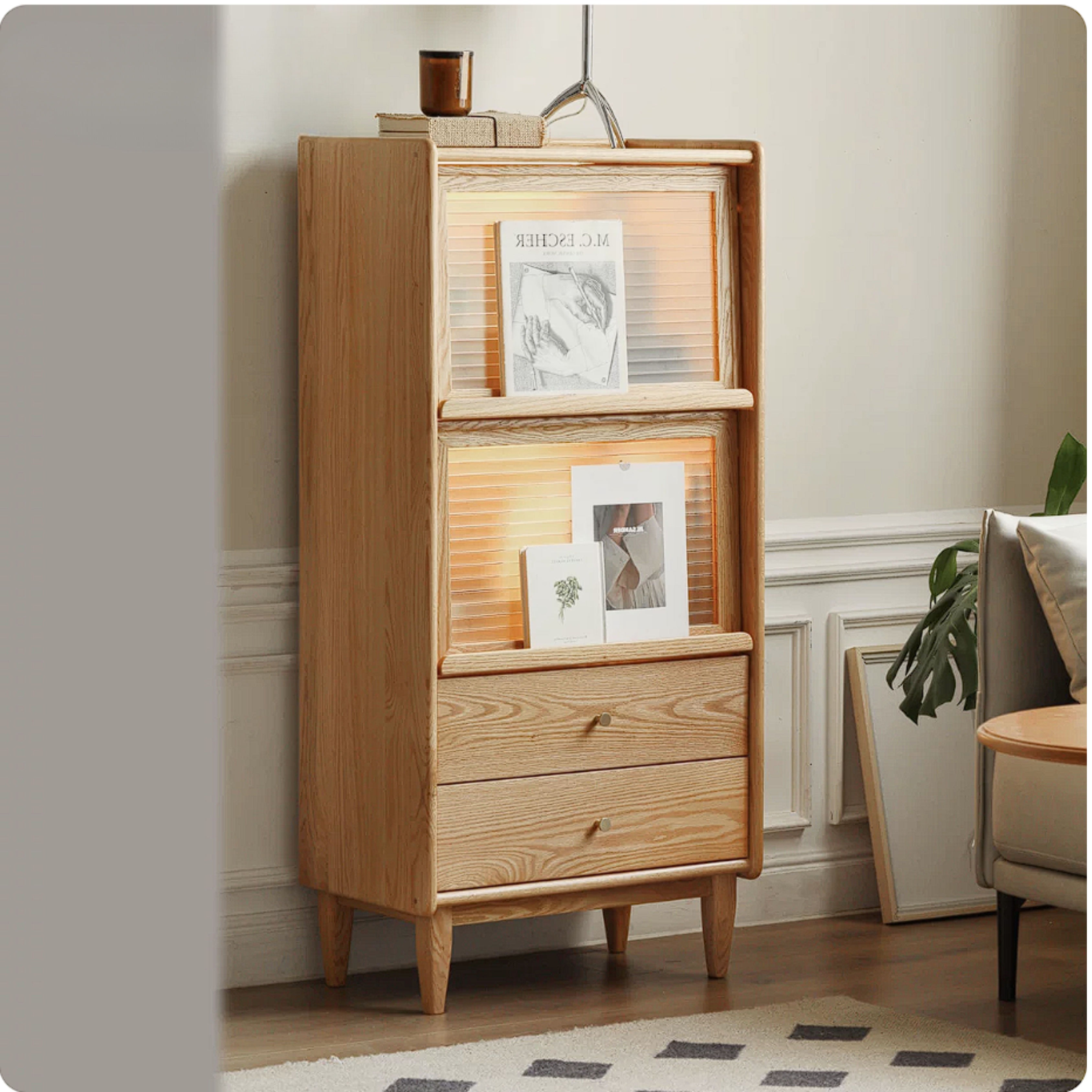 Ash Solid Wood Display Cabinet with Flip-Up Glass Doors and LED Lighting