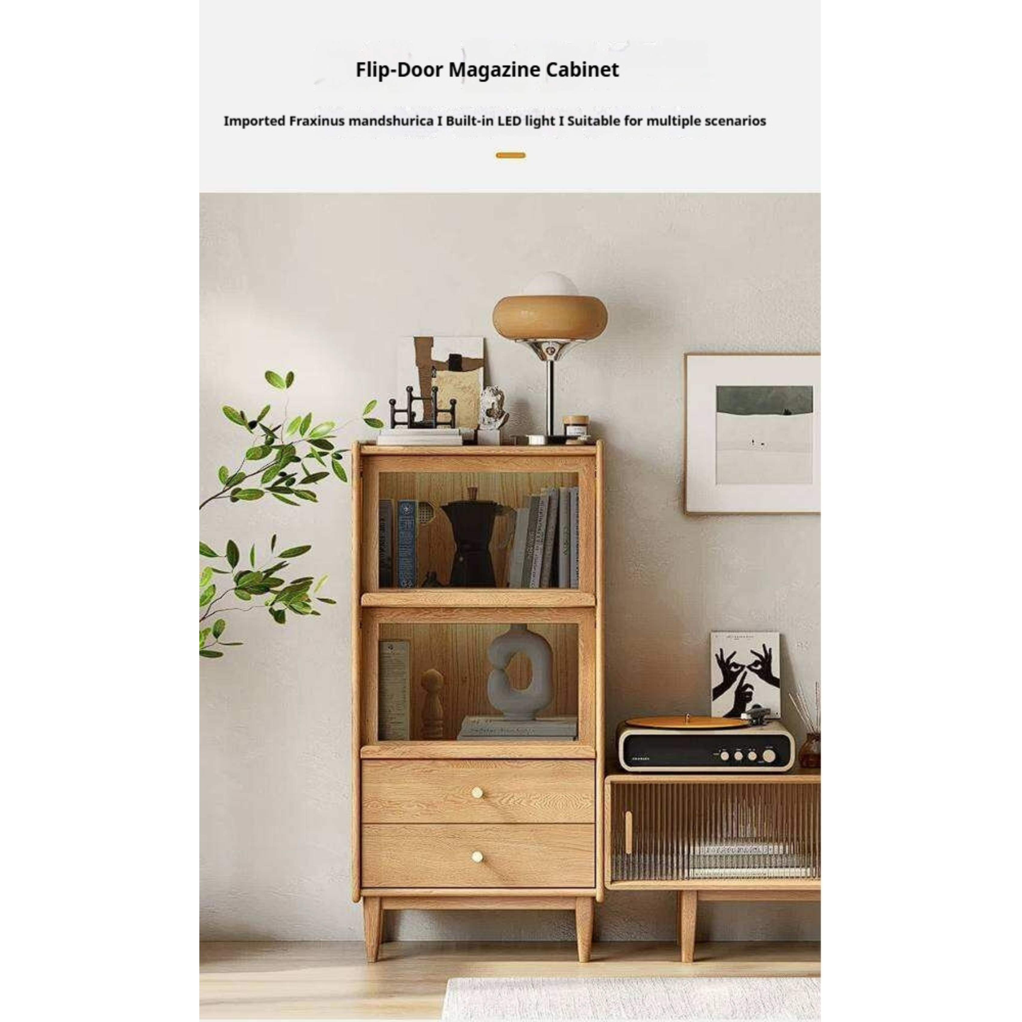 Ash Solid Wood Display Cabinet with Flip-Up Glass Doors and LED Lighting