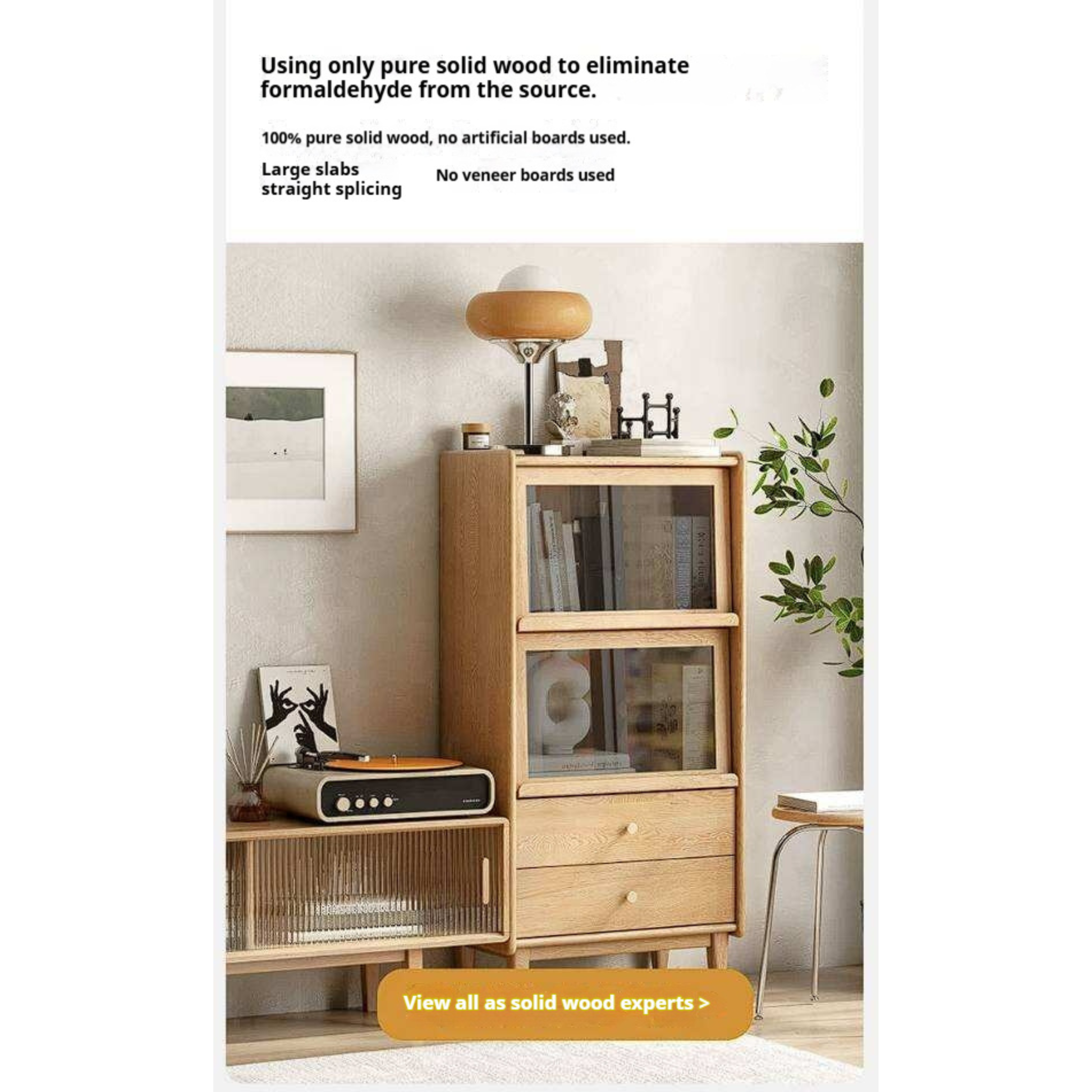 Ash Solid Wood Display Cabinet with Flip-Up Glass Doors and LED Lighting