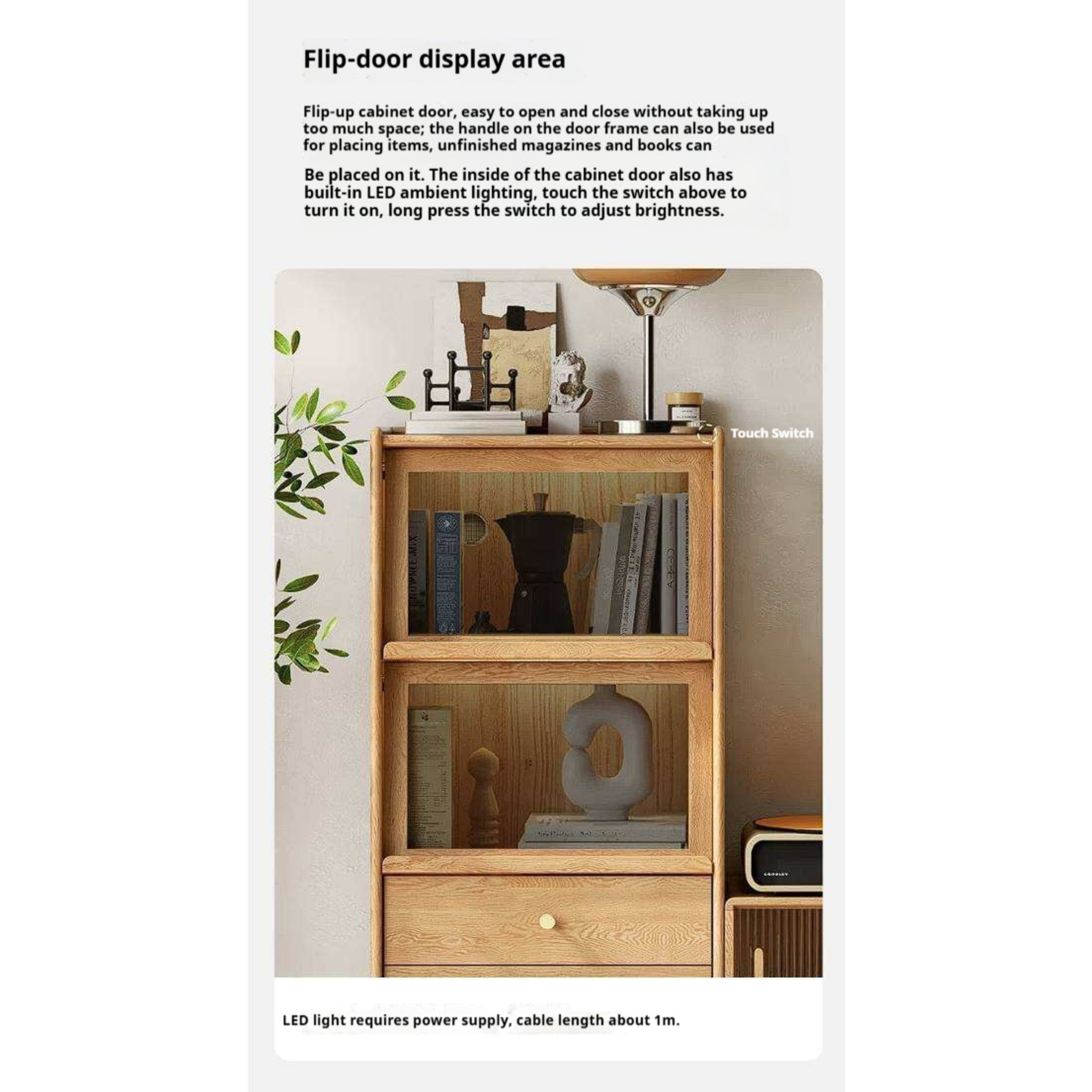 Ash Solid Wood Display Cabinet with Flip-Up Glass Doors and LED Lighting
