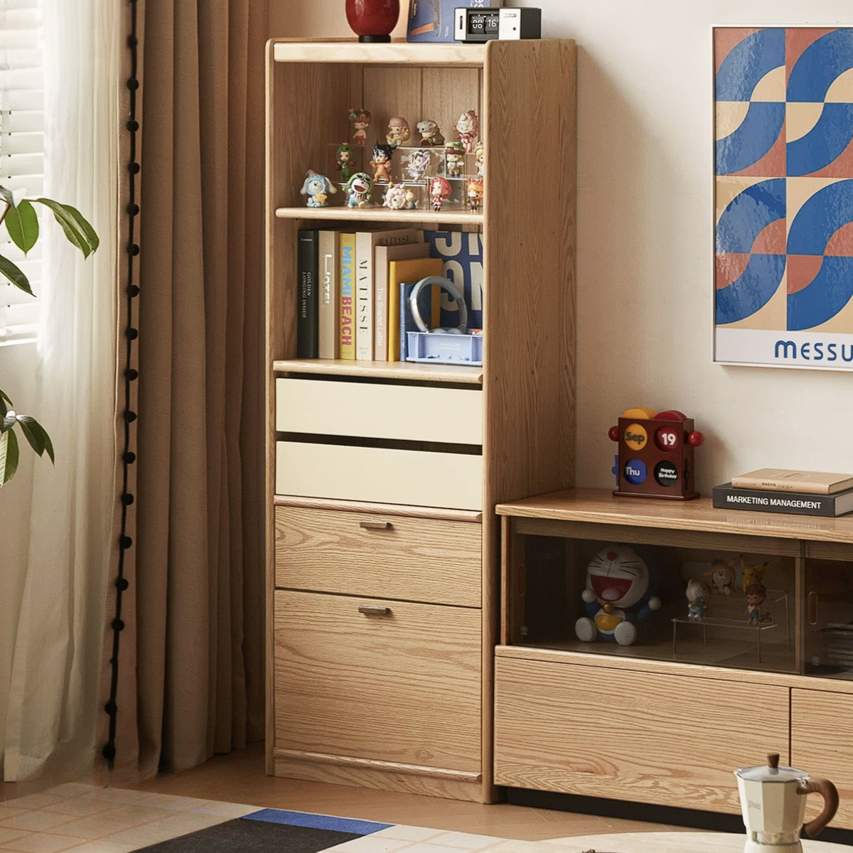 Oak Solid Wood Narrow Tall Bookcase with Open Display Shelf and Two-Tone Storage Drawers