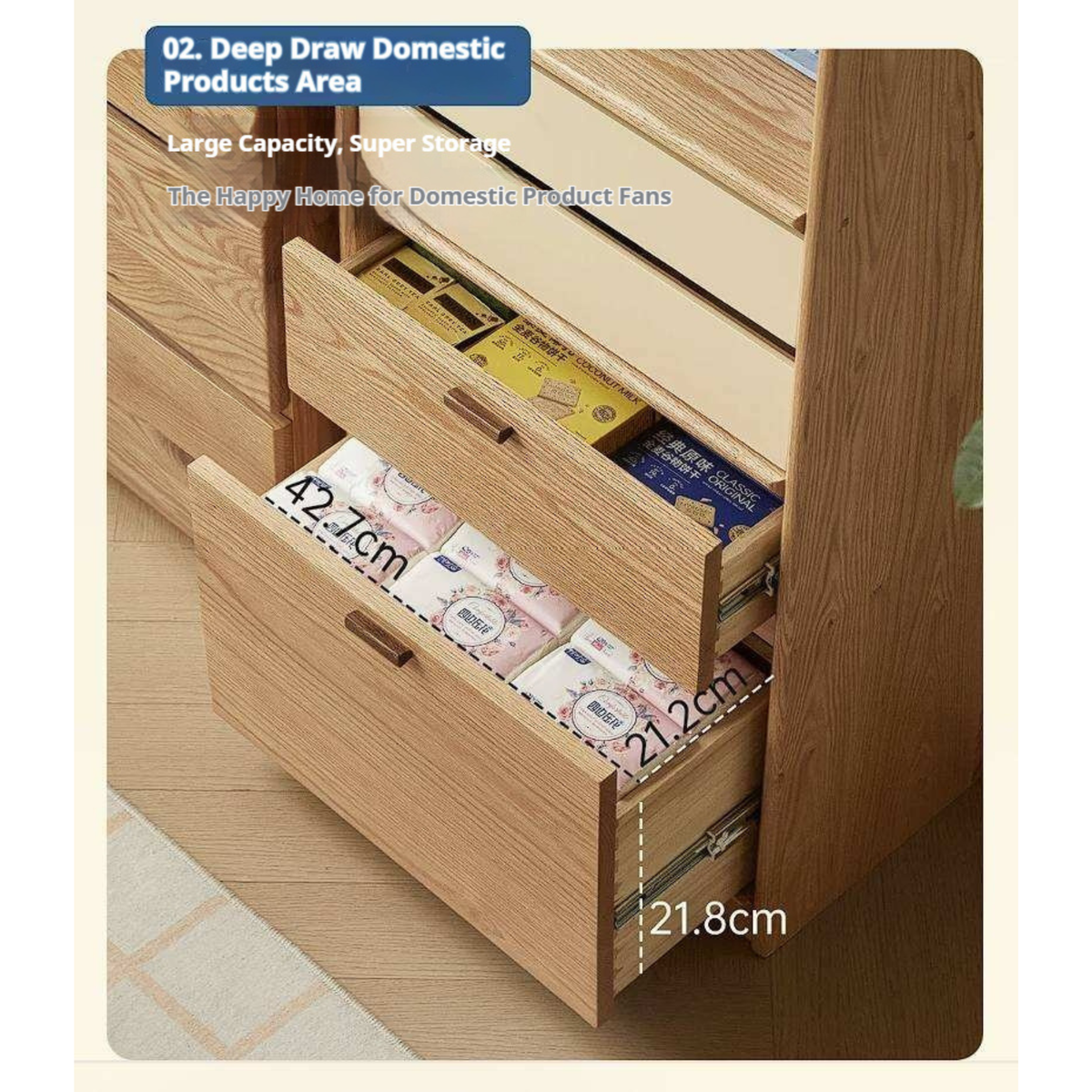 Oak Solid Wood Narrow Tall Bookcase with Open Display Shelf and Two-Tone Storage Drawers