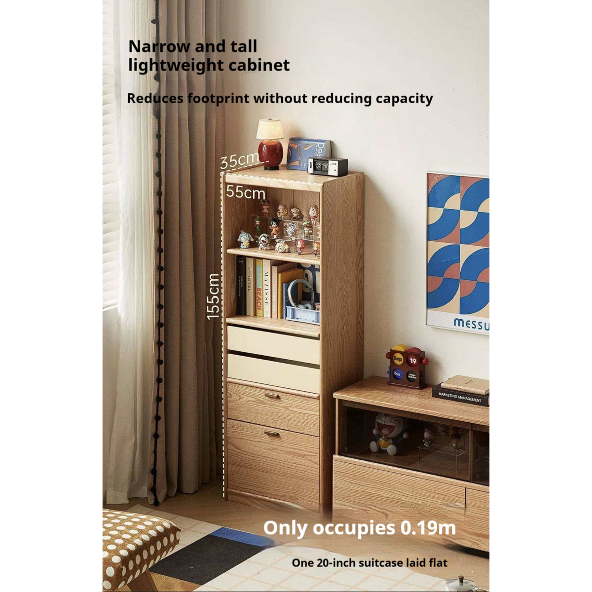 Oak Solid Wood Narrow Tall Bookcase with Open Display Shelf and Two-Tone Storage Drawers
