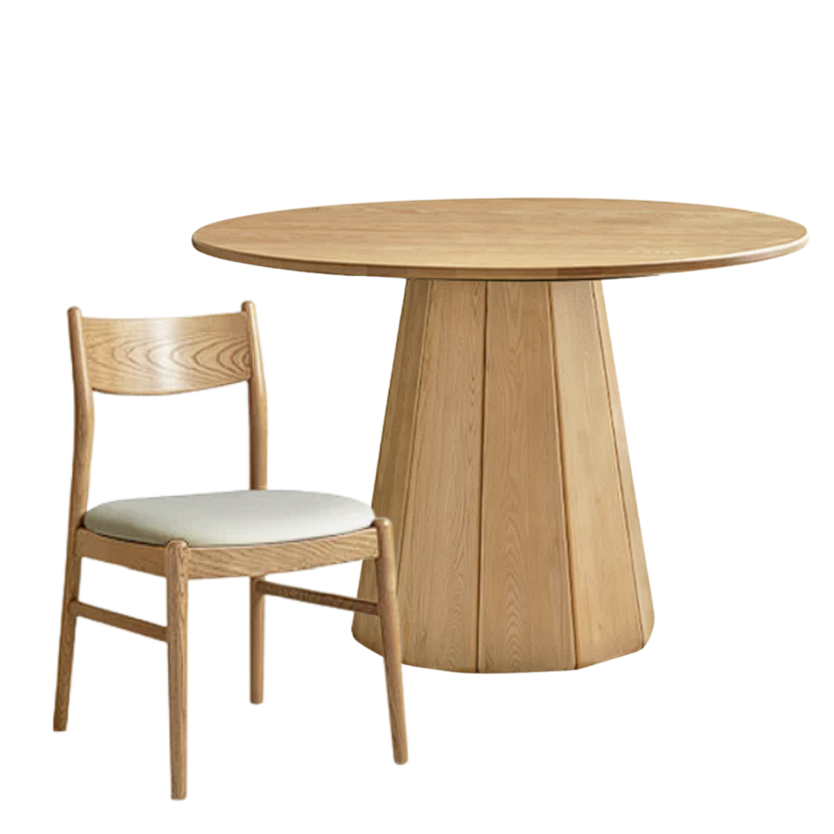 Ash Solid Wood Round Dining Table with Fluted Pedestal Base