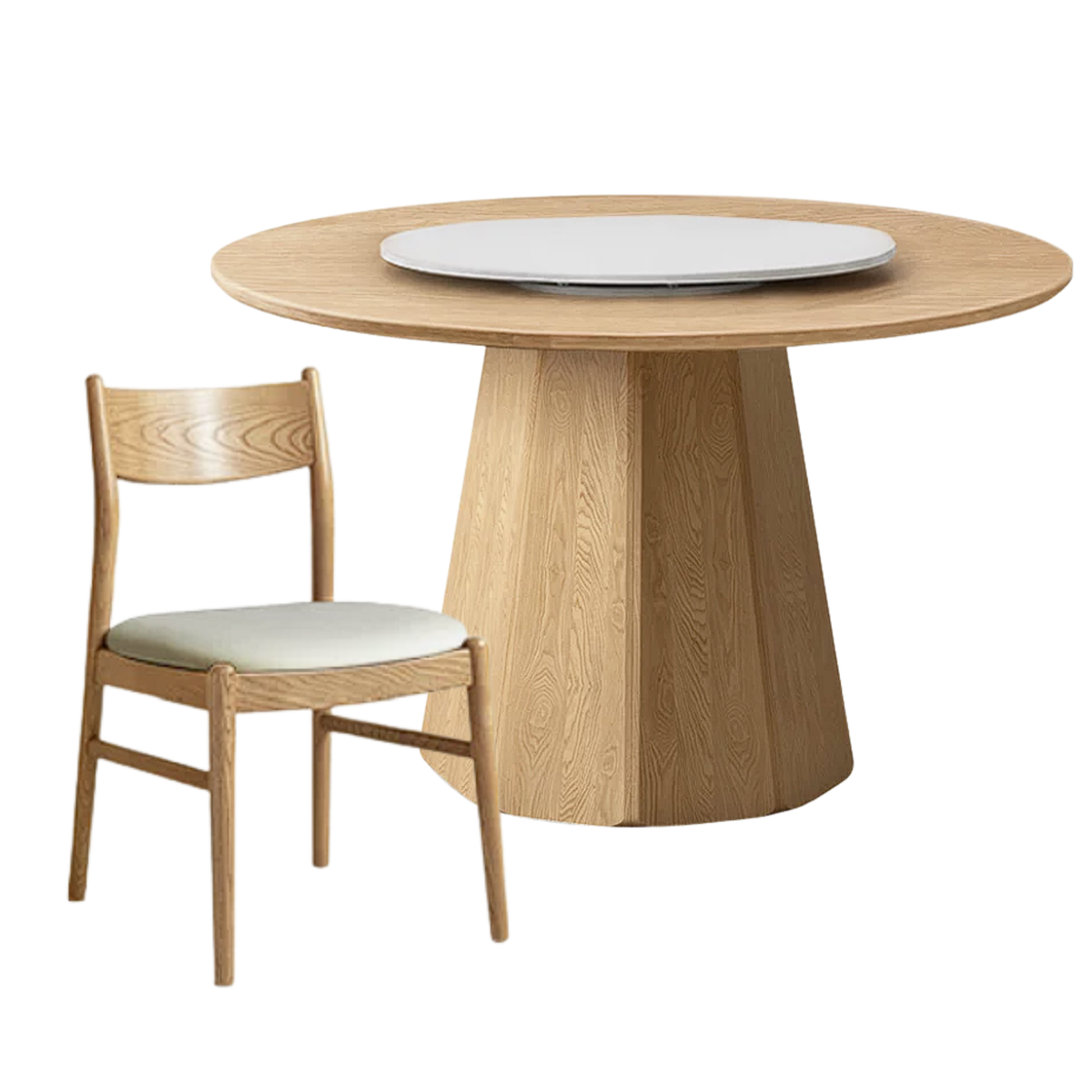 Ash Solid Wood Round Dining Table with Fluted Pedestal Base