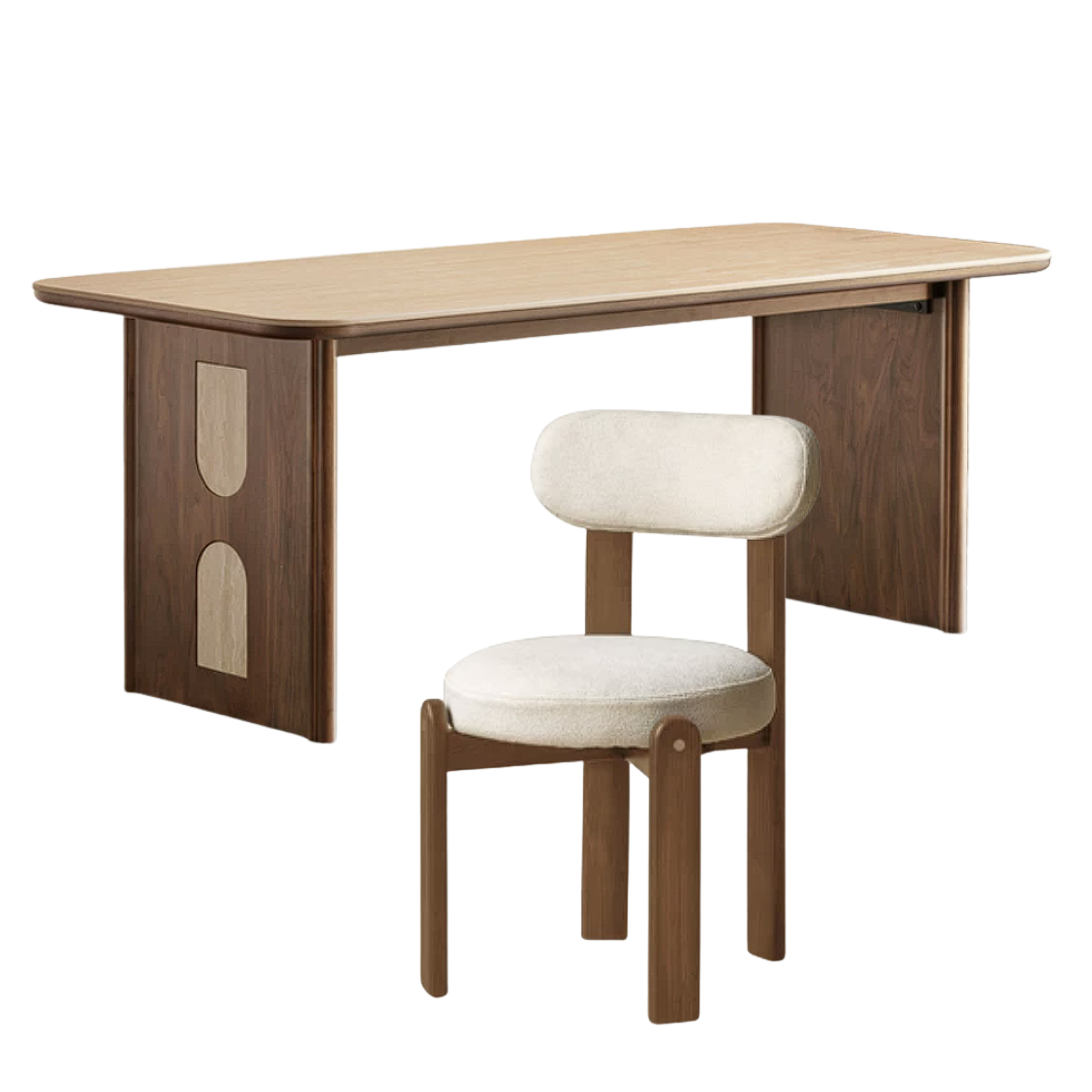Black Walnut, Golden Sandalwood Solid Wood Dining Table with Arched Cutout Panel Legs and Two-Tone Inlay