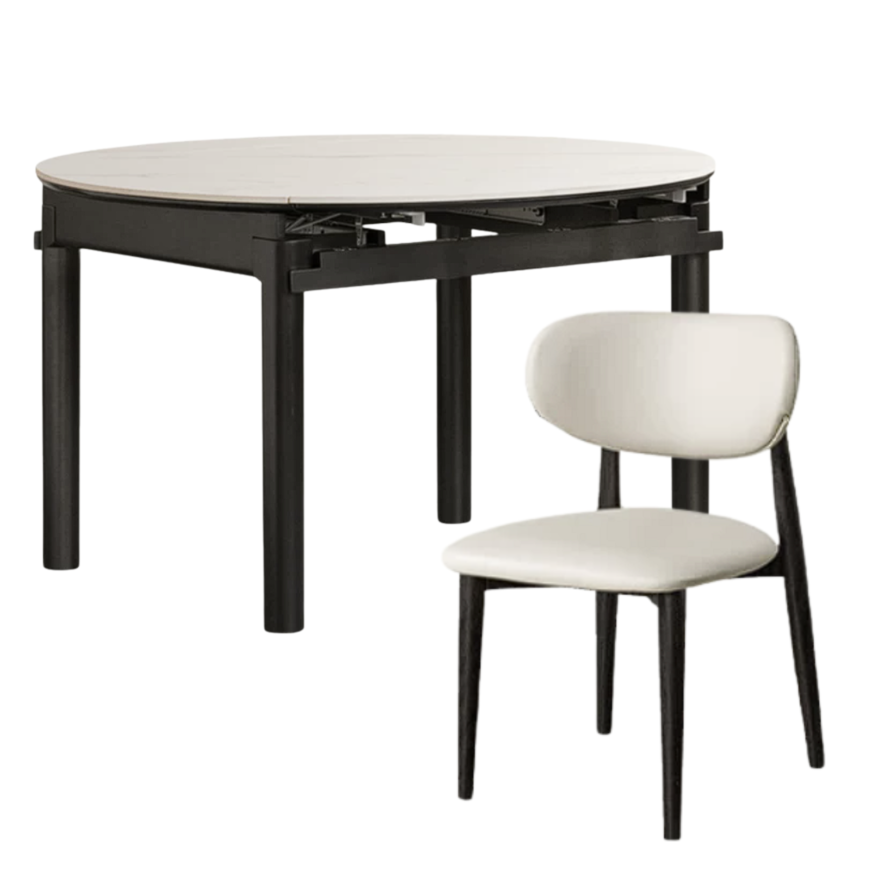 Rubberwood Solid Wood Extendable Round Dining Table with Stone Top