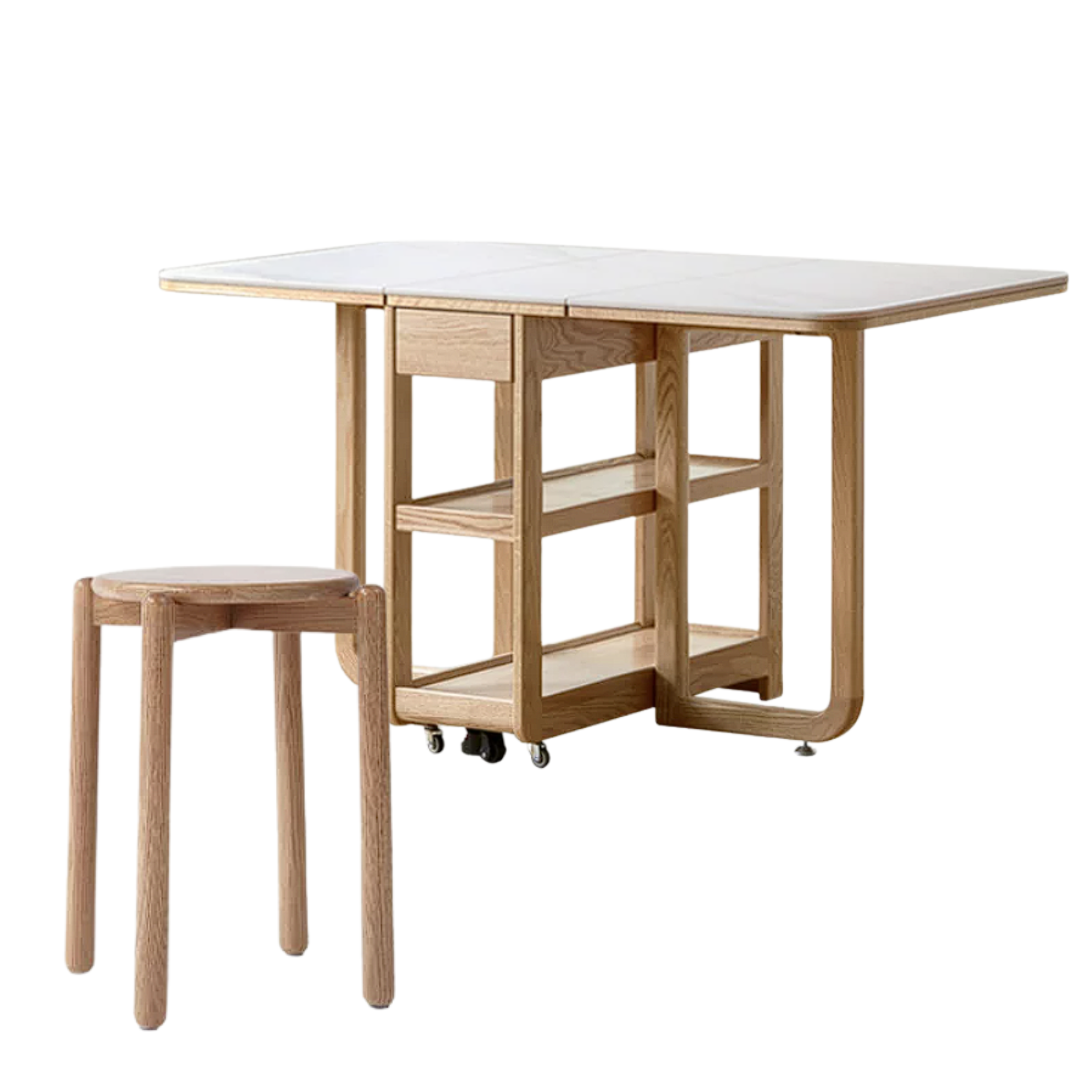 Oak, Rubberwood Solid Wood Folding Multi-Functional Storage Telescopic Dining Table