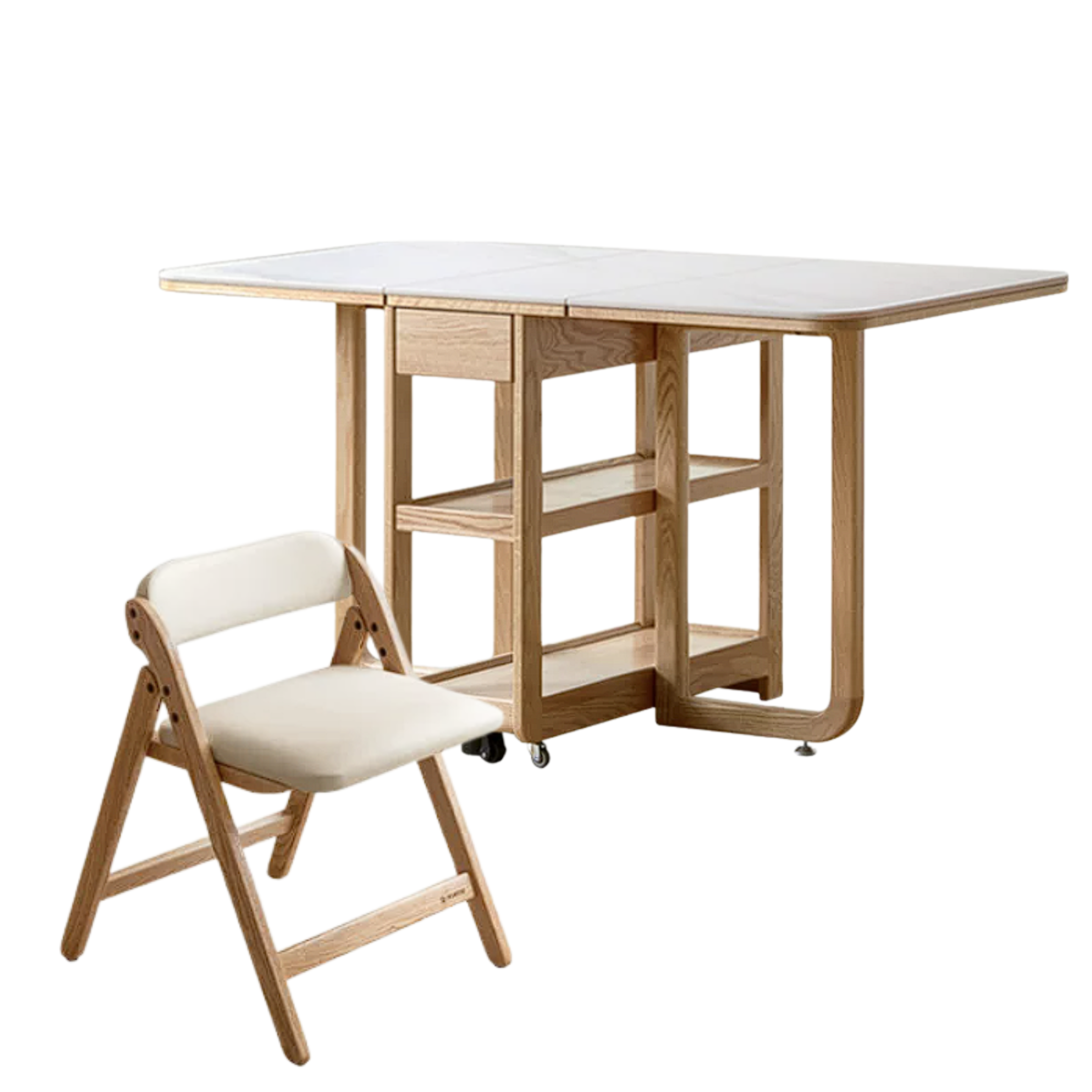 Oak, Rubberwood Solid Wood Folding Multi-Functional Storage Telescopic Dining Table