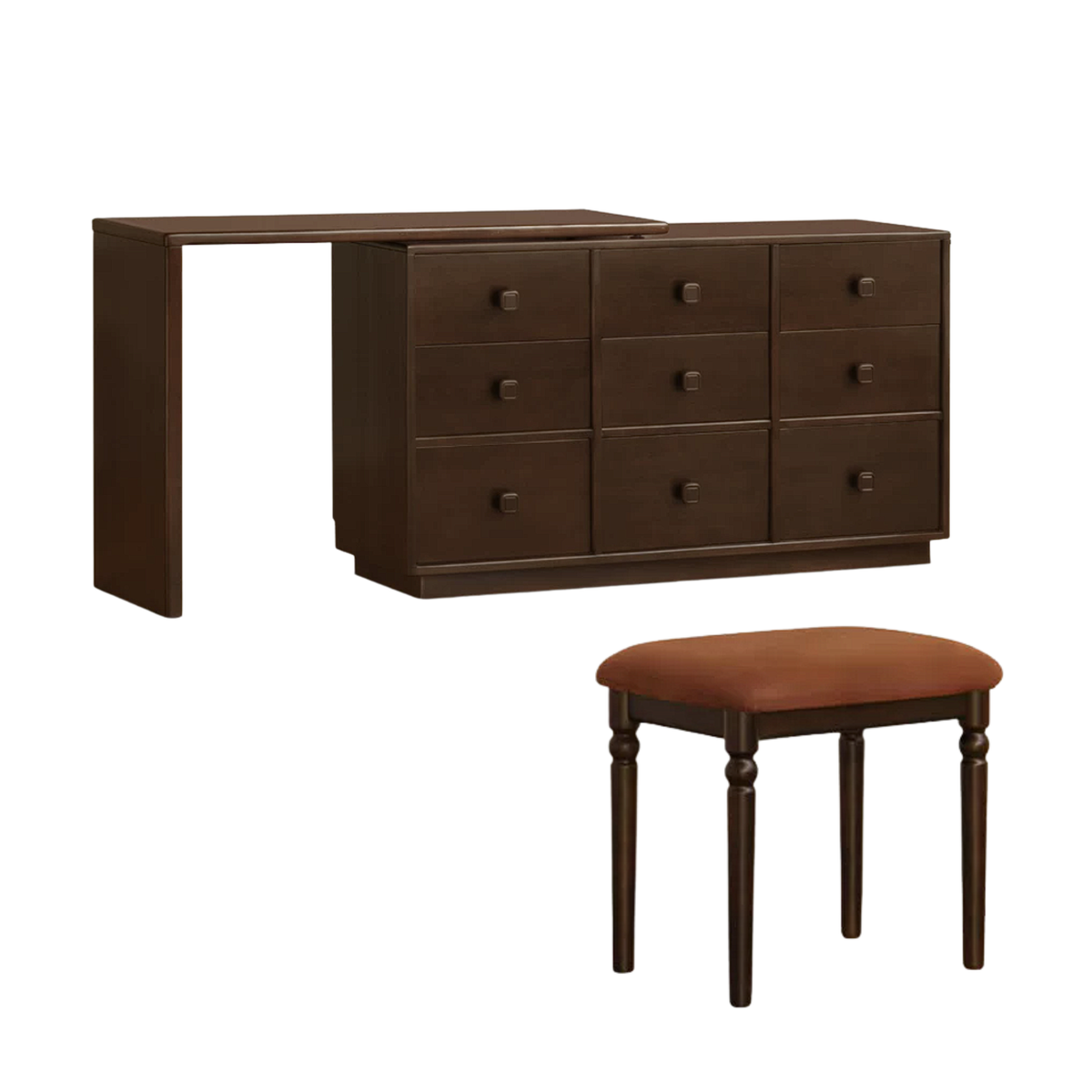 Poplar Solid Wood Vintage Dark Walnut Nine-Drawer Dresser with Flush Panel Fronts