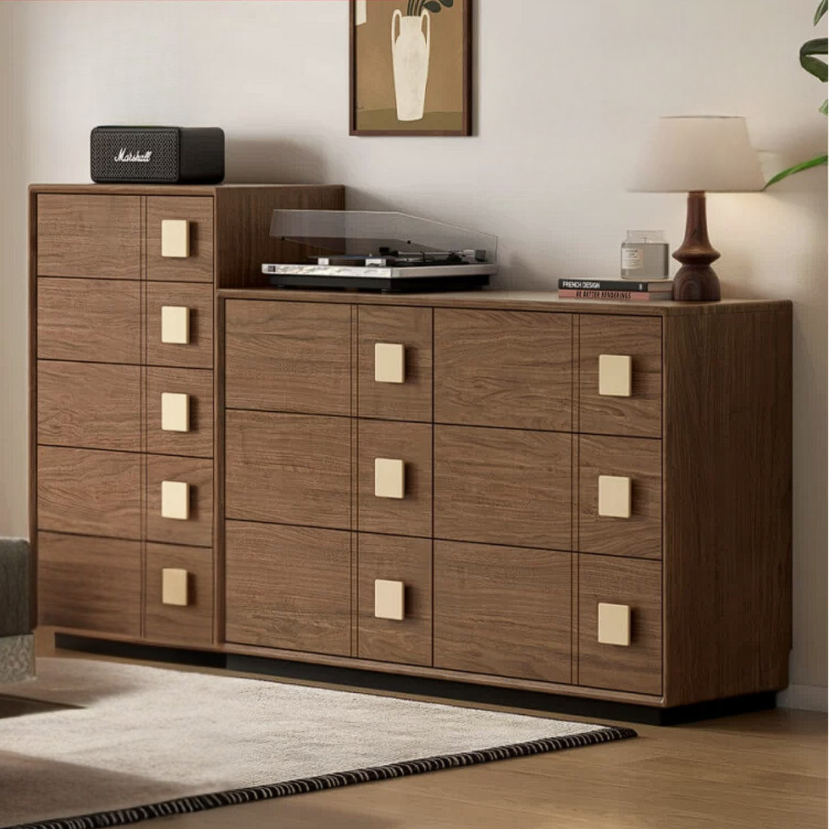 Black Walnut Solid Wood Chest with Contrasting Square Wood Pulls