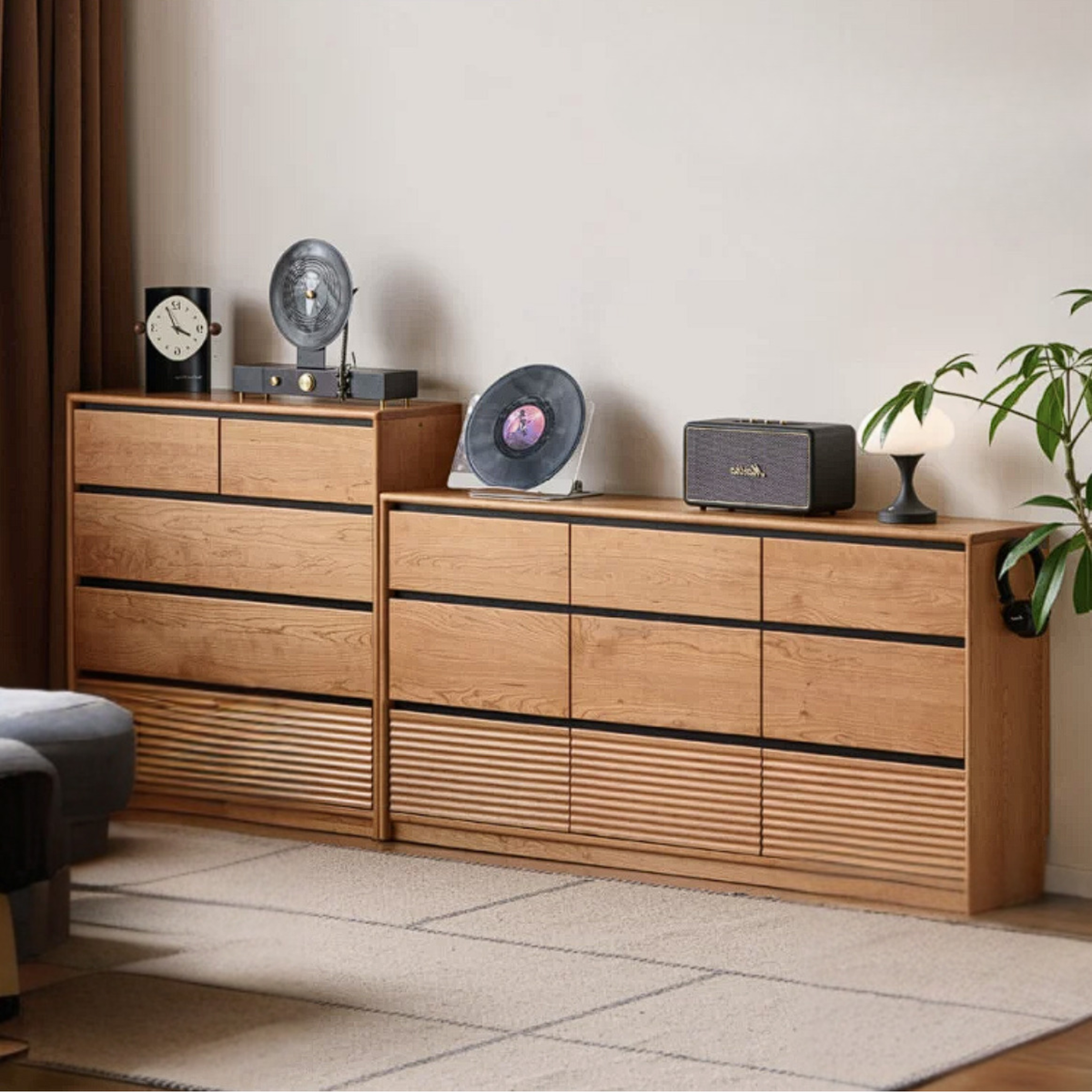 Cherry Solid Wood Slim Narrow-Depth Dresser Set with Reeded Drawer Fronts