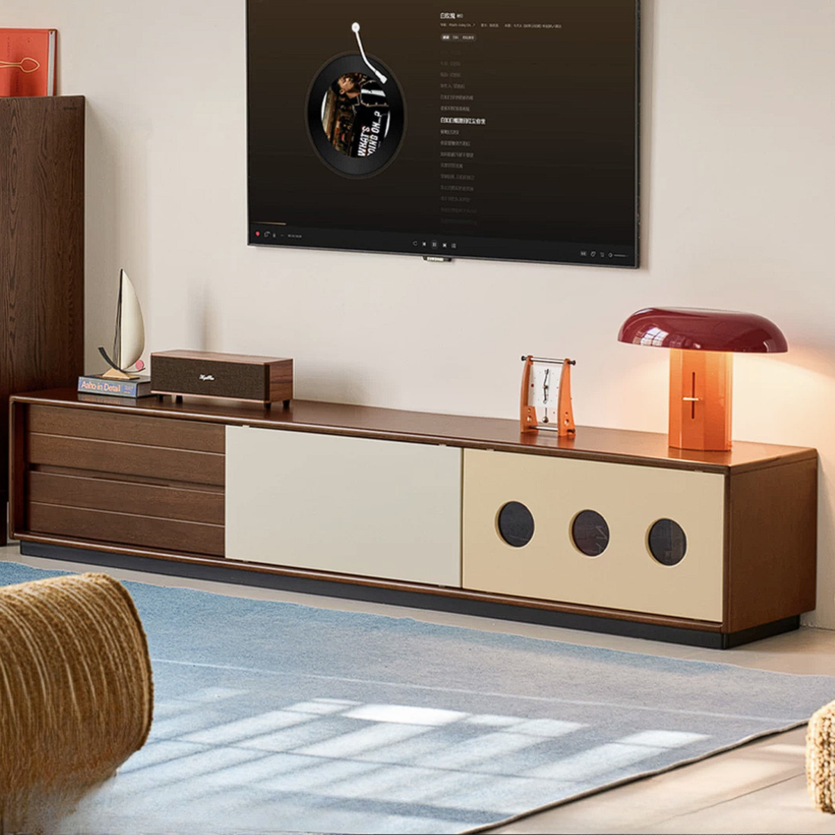 Golden Pearwood Solid Wood Mid-Century TV Stand and Corner Cabinet Set with Color-Block Circle Pulls