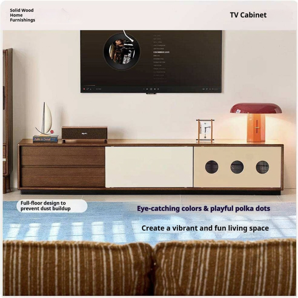 Golden Pearwood Solid Wood Mid-Century TV Stand and Corner Cabinet Set with Color-Block Circle Pulls