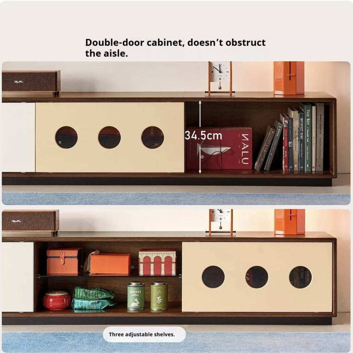 Golden Pearwood Solid Wood Mid-Century TV Stand and Corner Cabinet Set with Color-Block Circle Pulls
