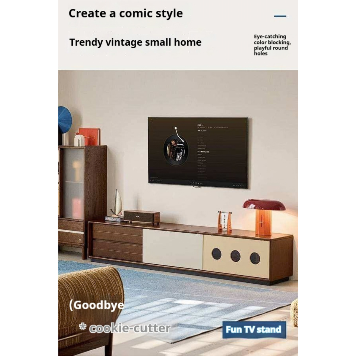 Golden Pearwood Solid Wood Mid-Century TV Stand and Corner Cabinet Set with Color-Block Circle Pulls
